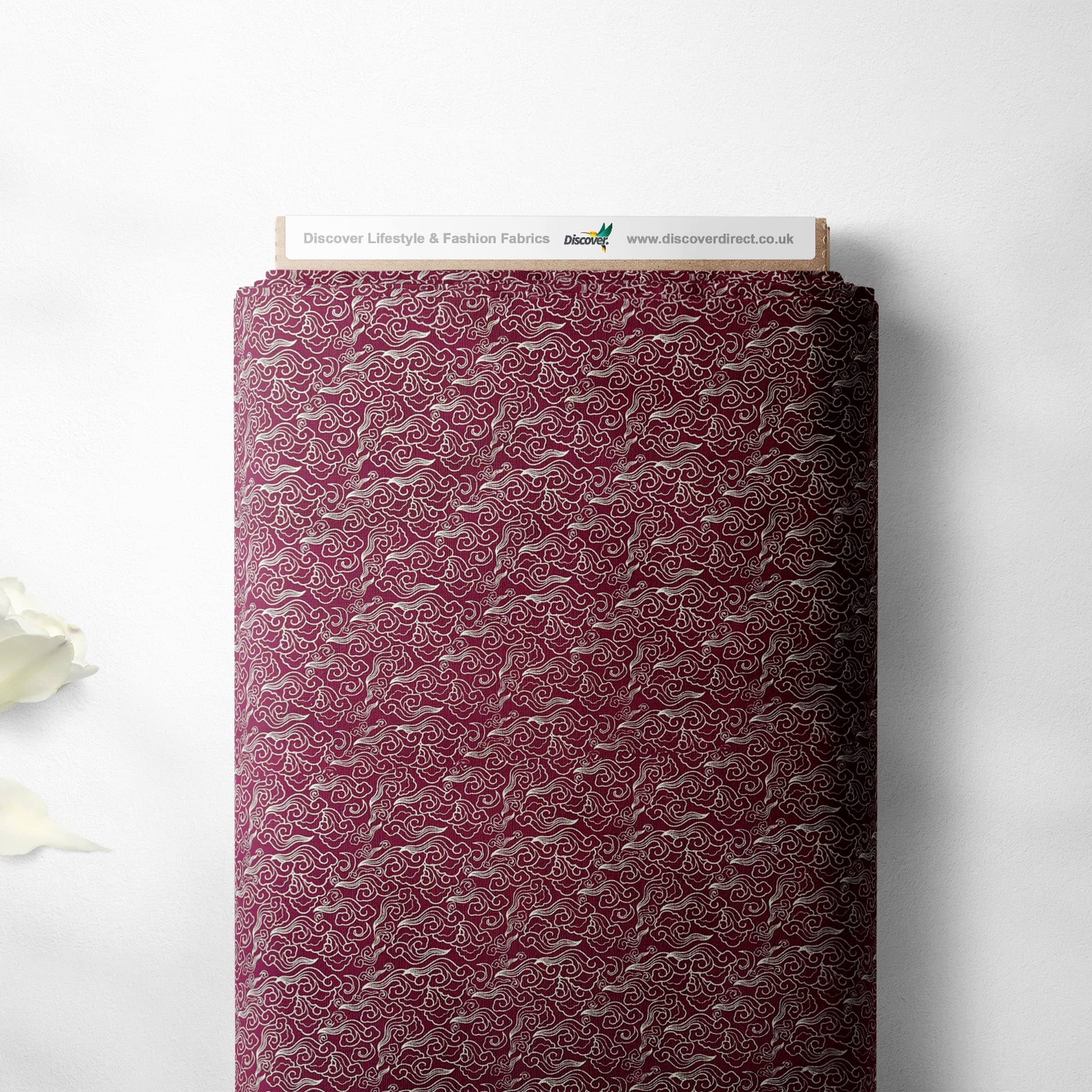100% Cotton Isumi Japanese Rolling Floral Design Oriental Metallic Foil Quality Sewing Upholstery Furnishing Fabric Material | 57" - 147 cm Wide (per Half Metre, Clouds Maroon)