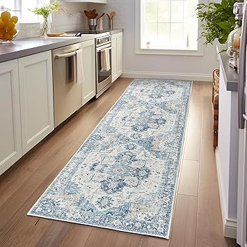jinchan Kelda Runner Rug 3x7 Vintage Hallway Rug Kitchen Washable Runner Retro Lightweight Non-Slip Low Pile Thin Distressed Carpet for Entryway Bathroom Laundry Room Bedroom Stairway Blue