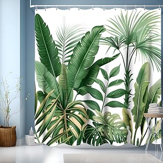Duschvorhang Grün Blätter Pflanzen Textil Duschvorhänge, Wasserabweisend, Beschwerter Saum Textil, Waschbar Polyester Stoff Badevorhänge mit Ösen und Duschvorhangringe für Badezimmer(180x200cm)