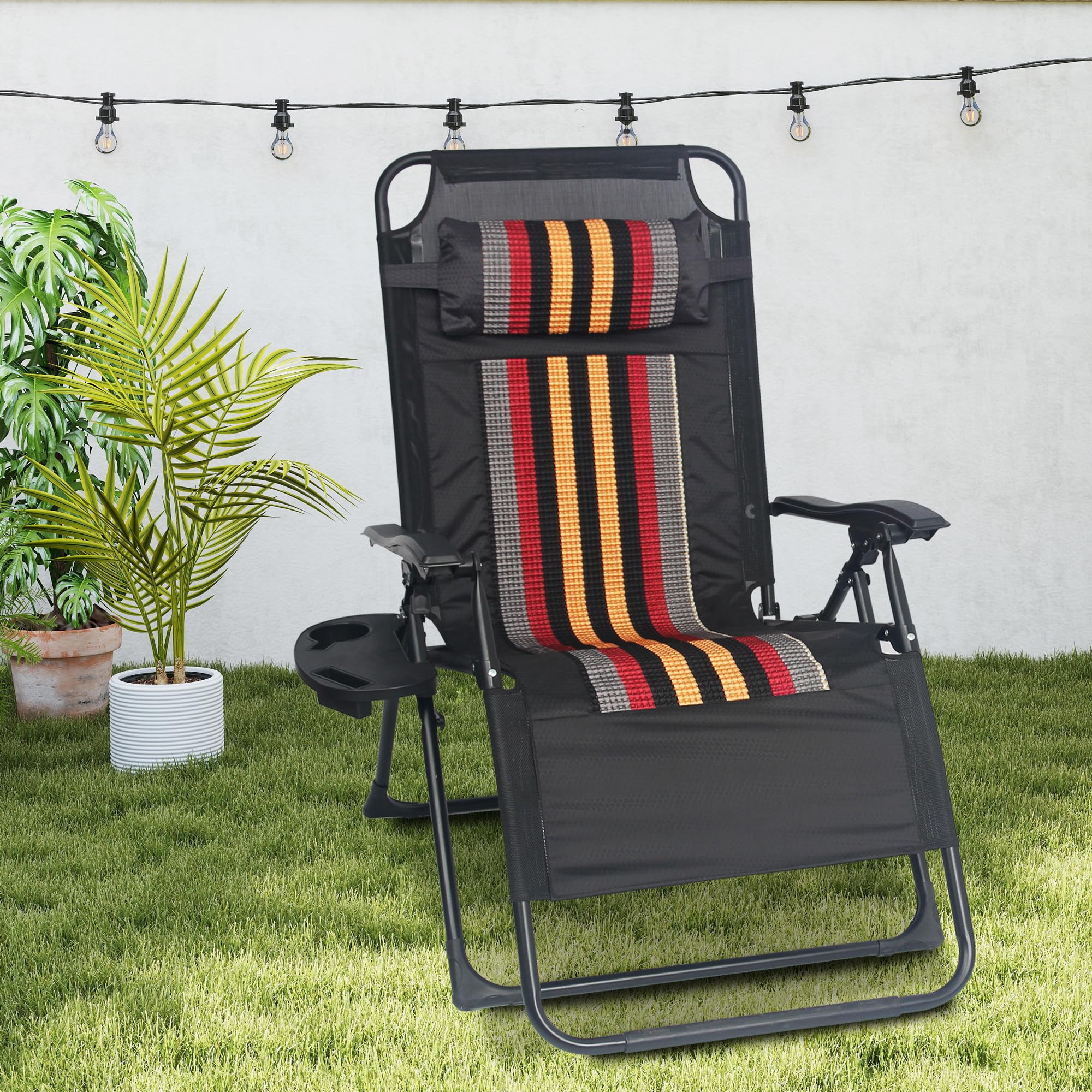 Tumbona Jardin Exterior, Tumbonas Plegable, Extra Ancho Silla Gravedad Cero Reclinable - Respaldo Ajustable, Silla con Portavasos y Reposacabezas, para Playa, Piscina, Terraza, Negro