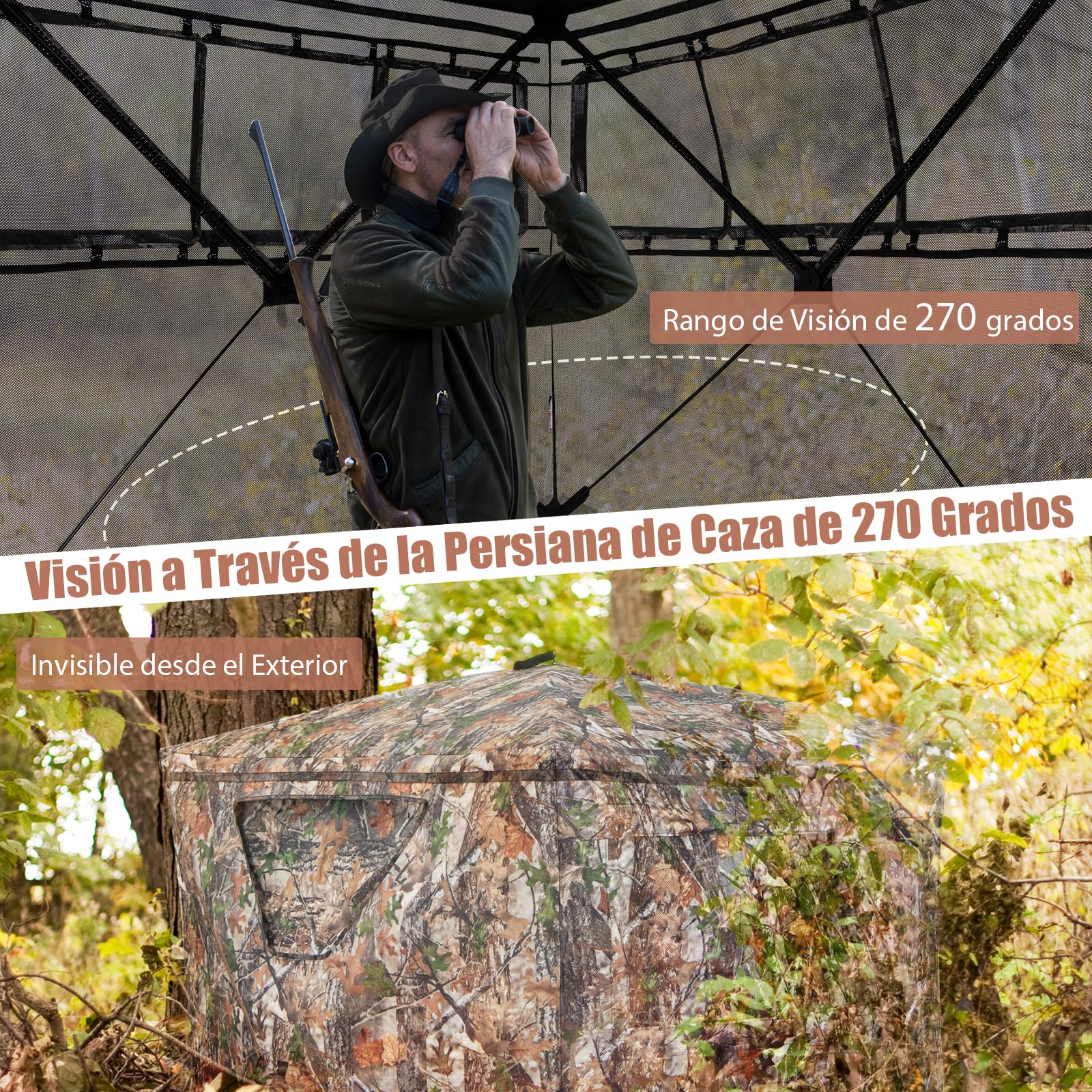 GYMAX Tienda de campaña de caza transparente de 270°, para 2-3 personas, con bolsa de almacenamiento, ventana y ventana deslizante silenciosa, para ciervos y pavos
