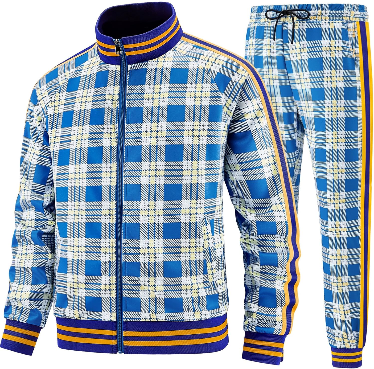Men Tracksuits Full-zip Long Sleeve Plaid Track Jackets and Pants 2 Piece - Image 2