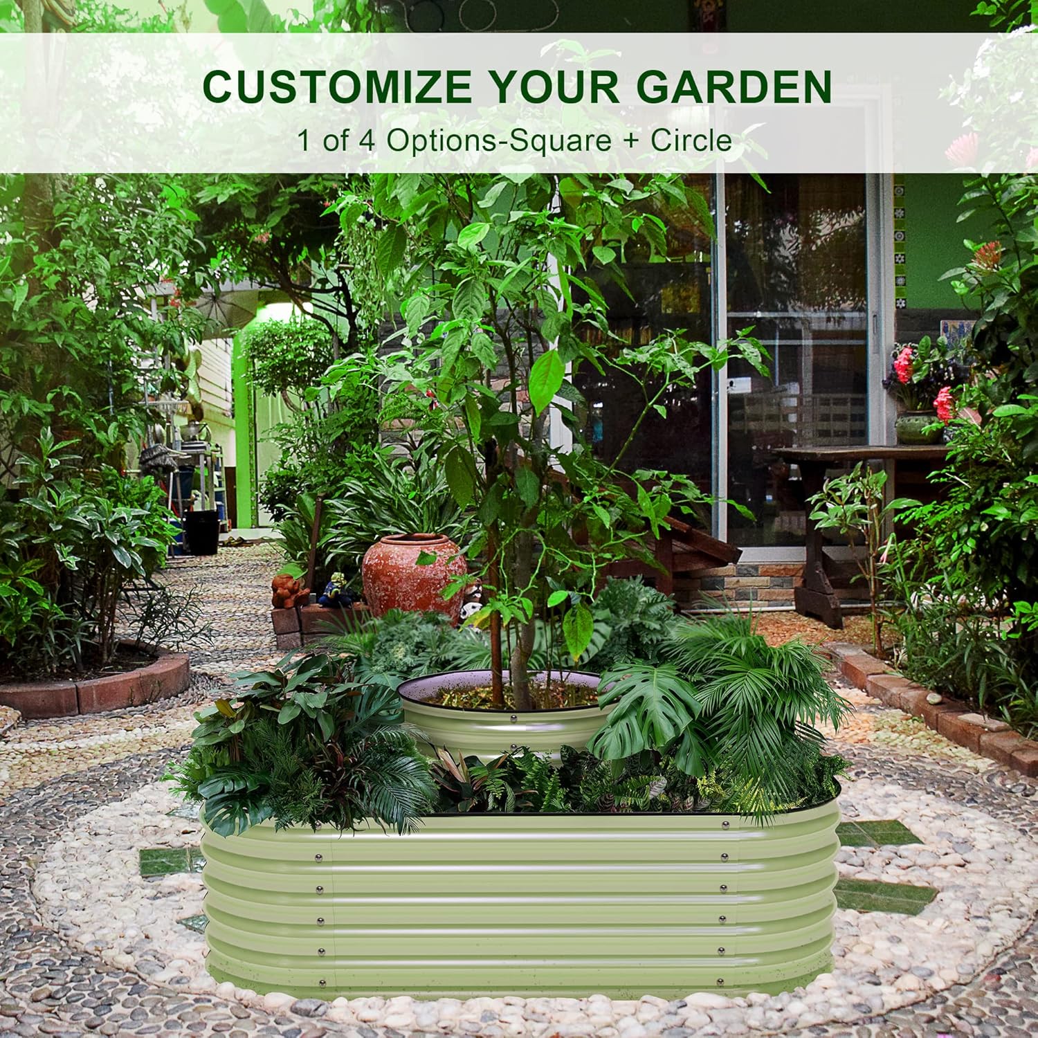 Olle 4-Style Modular Galvanized Raised Garden Beds Outdoor Easy Quick Setup, 17" Tall, 4-in-1 Metal Planter Boxes Outdoor for Flowers Vegetables Fruits Herbs DIY Gardening, Sage Green