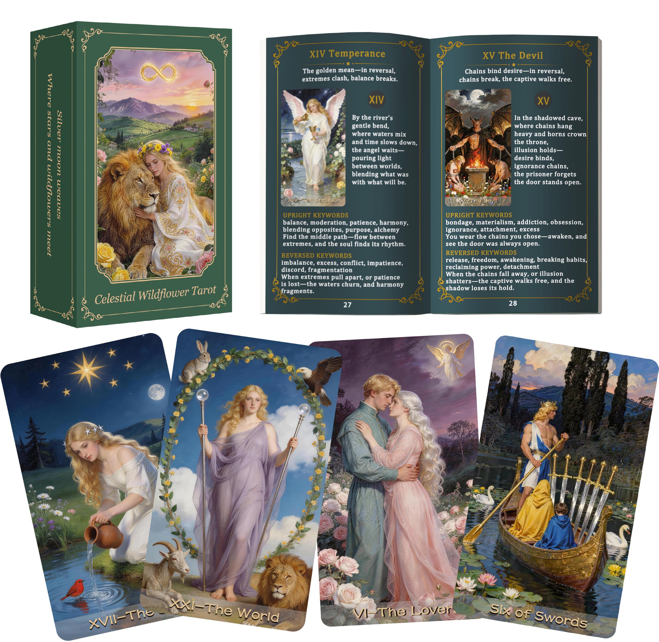 Celestial Wildflower Tarot Card Set with Guide Book – Original Artwork for Beginners & Experts, Pretty Oracle-Style Deck