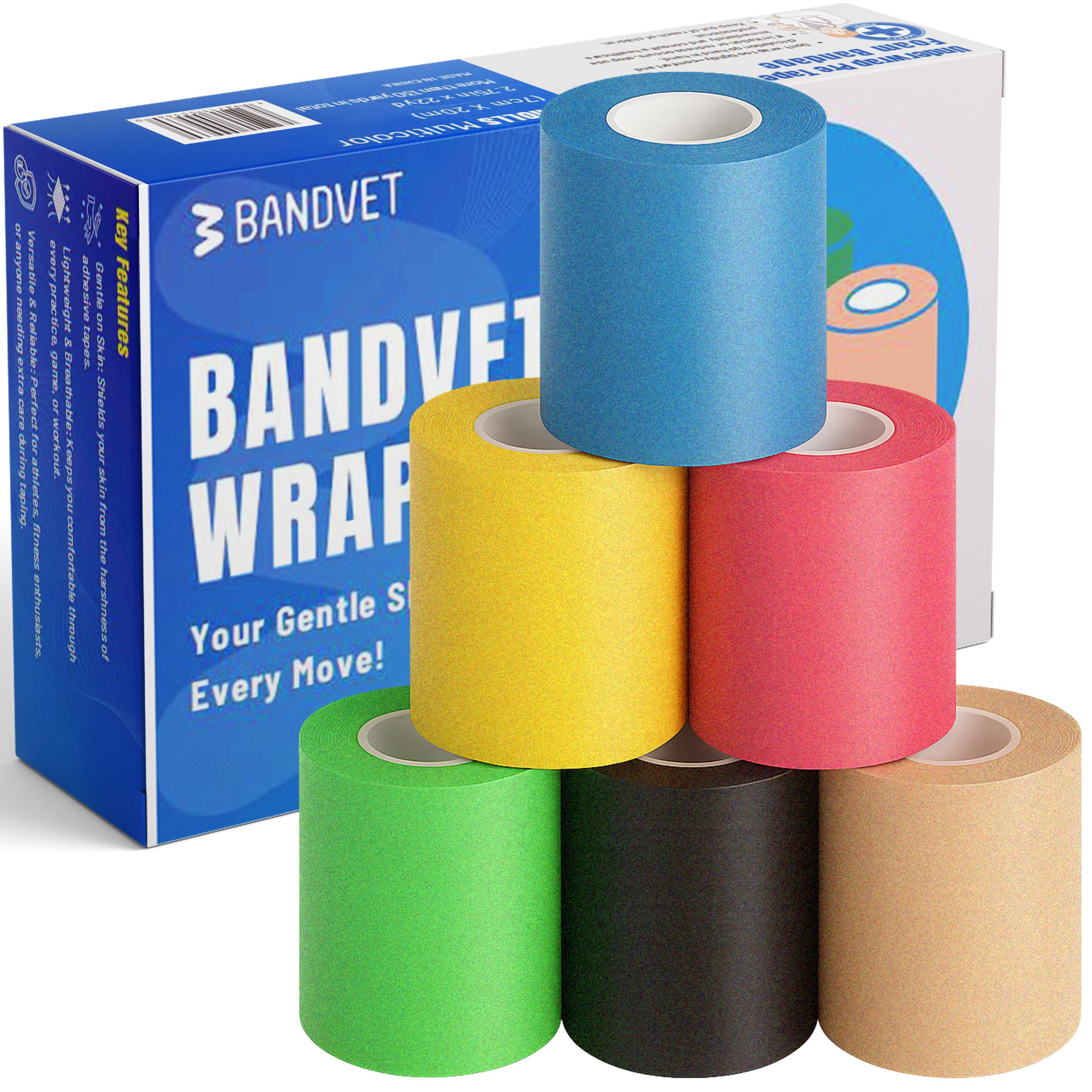 Pre Wrap Athletic Tape - Total 132 Yards Foam Underwrap for Sports Activities - 6-Pack Multicolor for Wrists