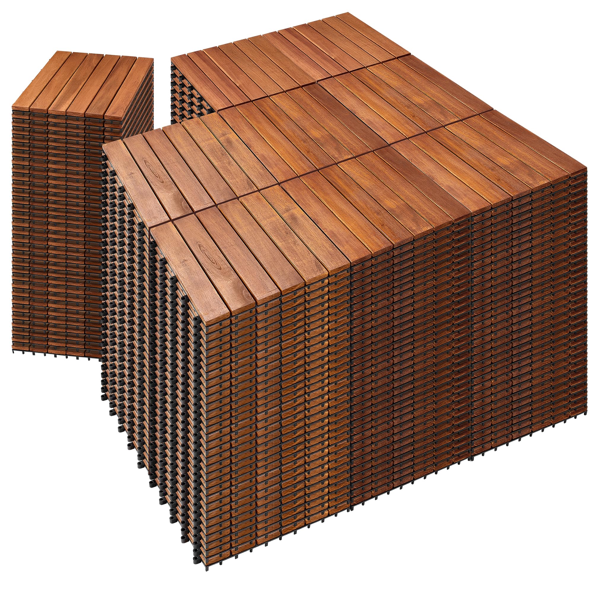 PrimeZone 297 PCS Solid Acacia Wood Interlocking Deck Tiles - 12" x 12" Waterproof Indoor Outdoor Patio Flooring Decking Tiles for Balcony, Backyard &