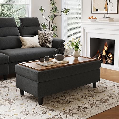 LINSY HOME 46 Inches Wide Storage Ottoman Bench, Linen Coffee