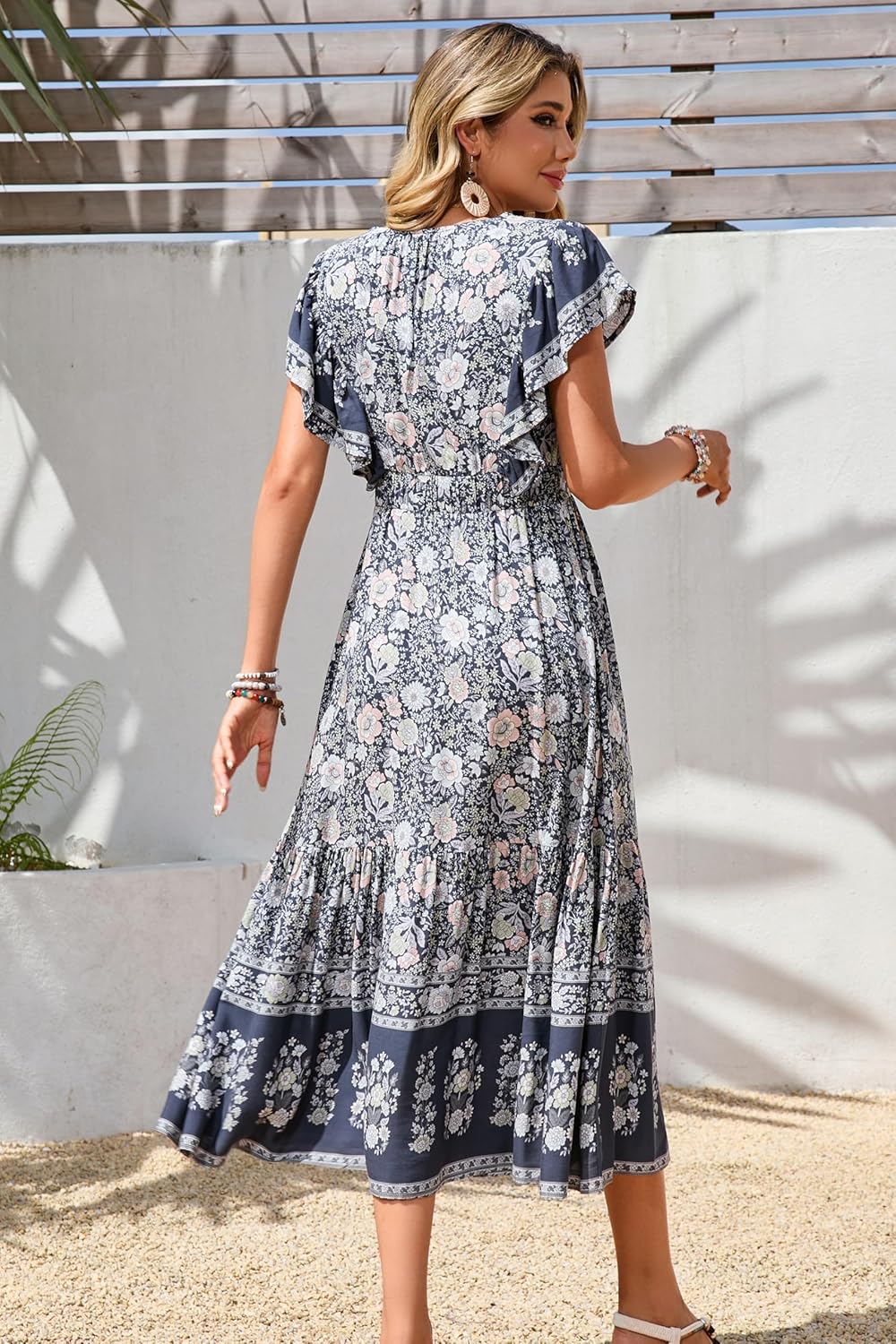 R.Vivimos Womens Summer 2026 Boho Floral Print V Neck Short Sleeve Drawstring Tie Casual Flowy Midi Dress - Image 6