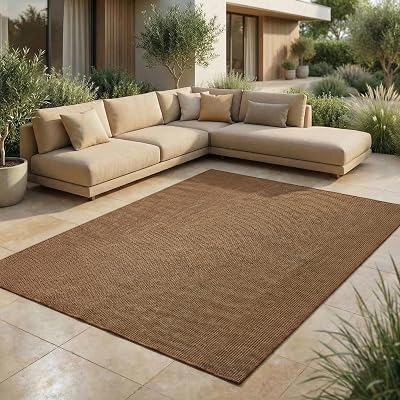 Jimri In- & Outdoor Teppich – Wetterfester Teppich für Balkon, Terrasse, Garten, Wohnzimmer, Küche – Strapazierfähiger Bodenteppich, Widersteht UV-Strahlen & Wasser – Größe 80 x 150 cm, Braun-Taupe