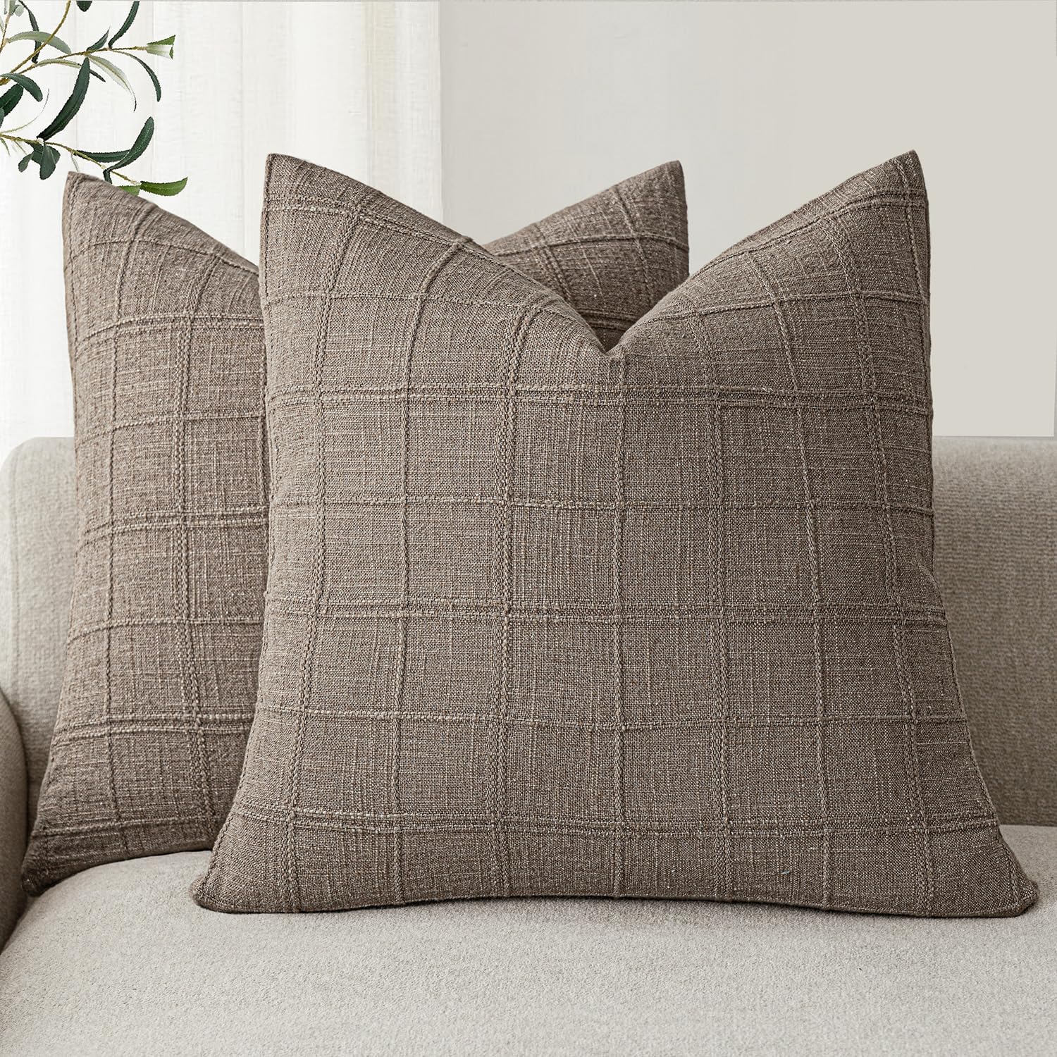 Foindtower Boho Linen Check Decorative Throw Pillow Covers 22×22 Tan Taupe