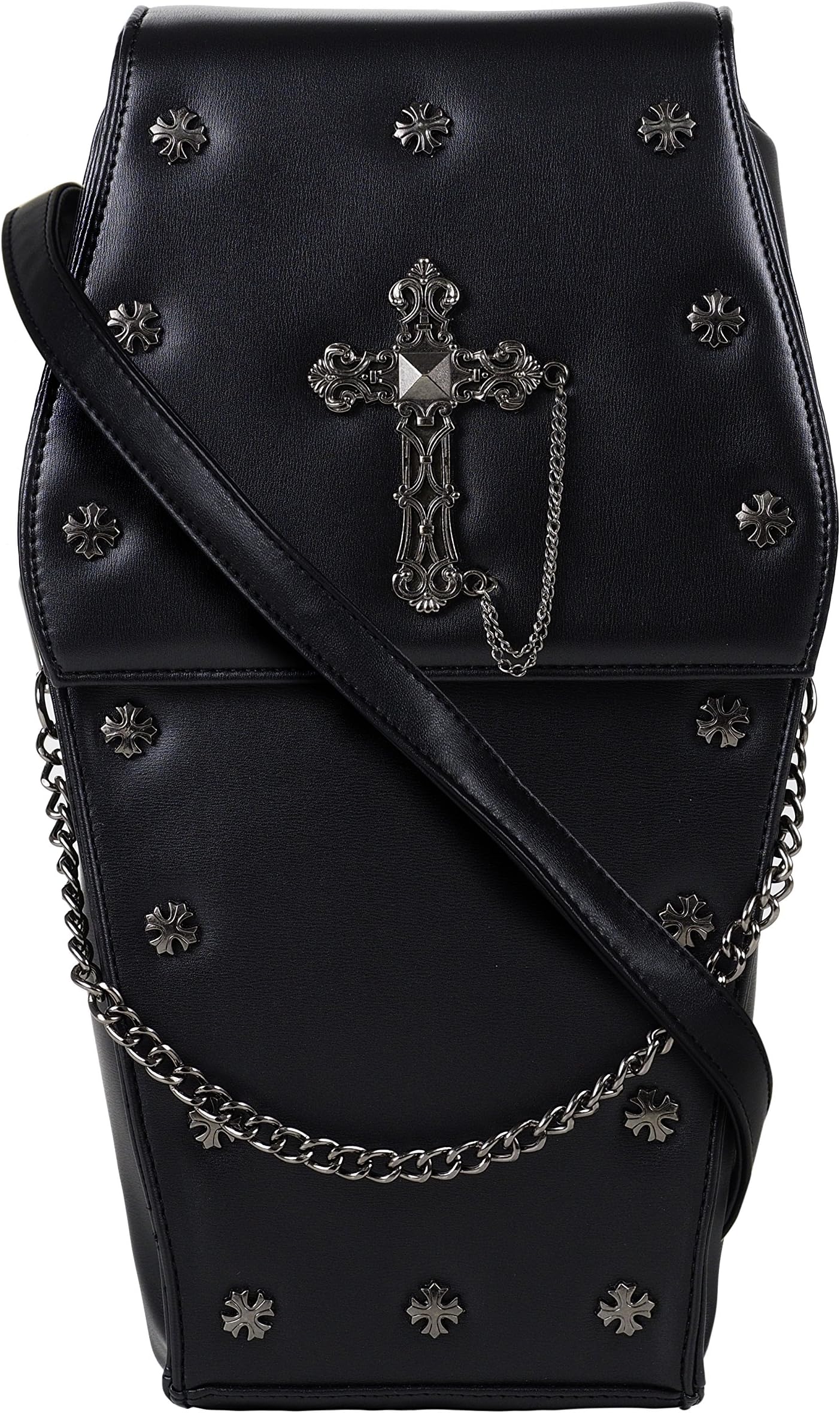 Black Coffin Metal Silver Cross Steam Punk Rock Goth Gothic Backpack Cross Body Handbag Travel Festival PU Vegan Leather Bag