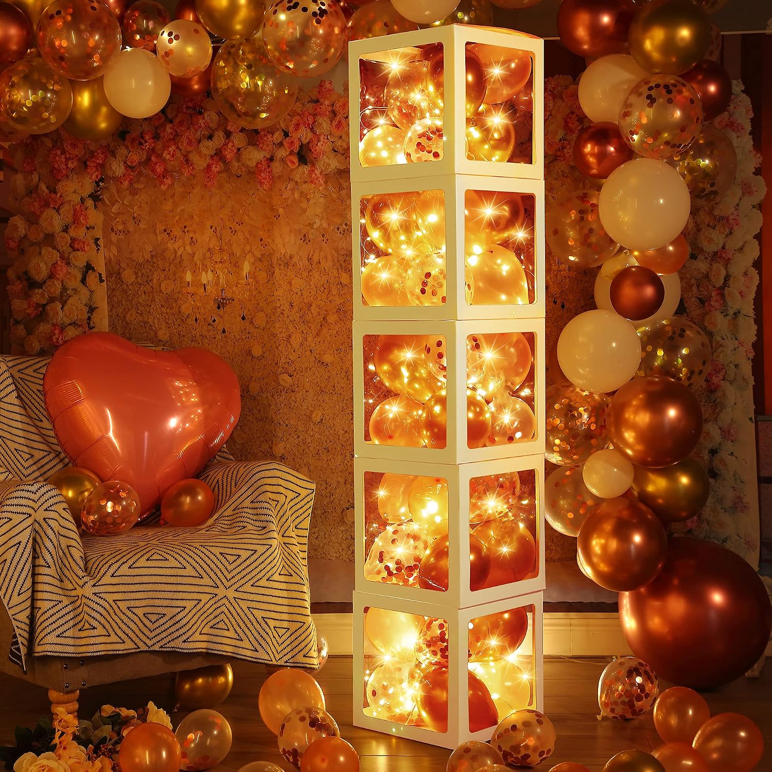5 Pcs Balloon Boxes with 48 Rose Gold Balloons, Transparent Balloon Block with 5 LED Light Strings for Bridal Shower Decorations, Bachelorette Parties Engagement Weddings Centerpieces Birthday Decor