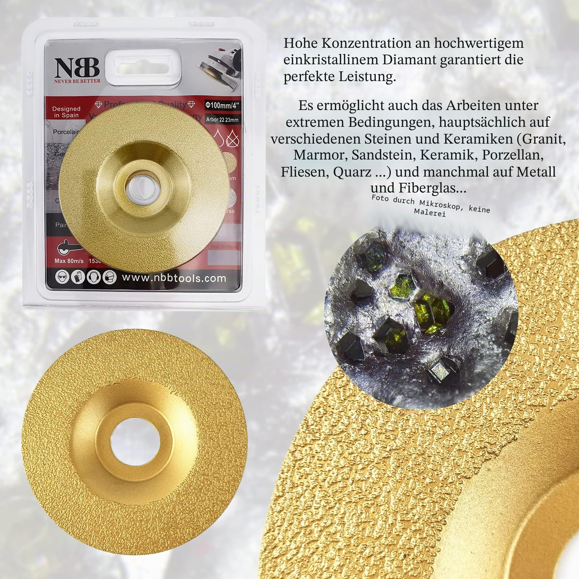NBB gelötete Diamant-Schleifscheibe, Trocken- oder Nass Schleifen auf Granit, Marmor, Keramik, Fliesen, Porzellan, Stein, Mauerwerk, mit 22,23-mm-Aufnahme, verbunden mit Winkelschleifer (Mittel, 1)