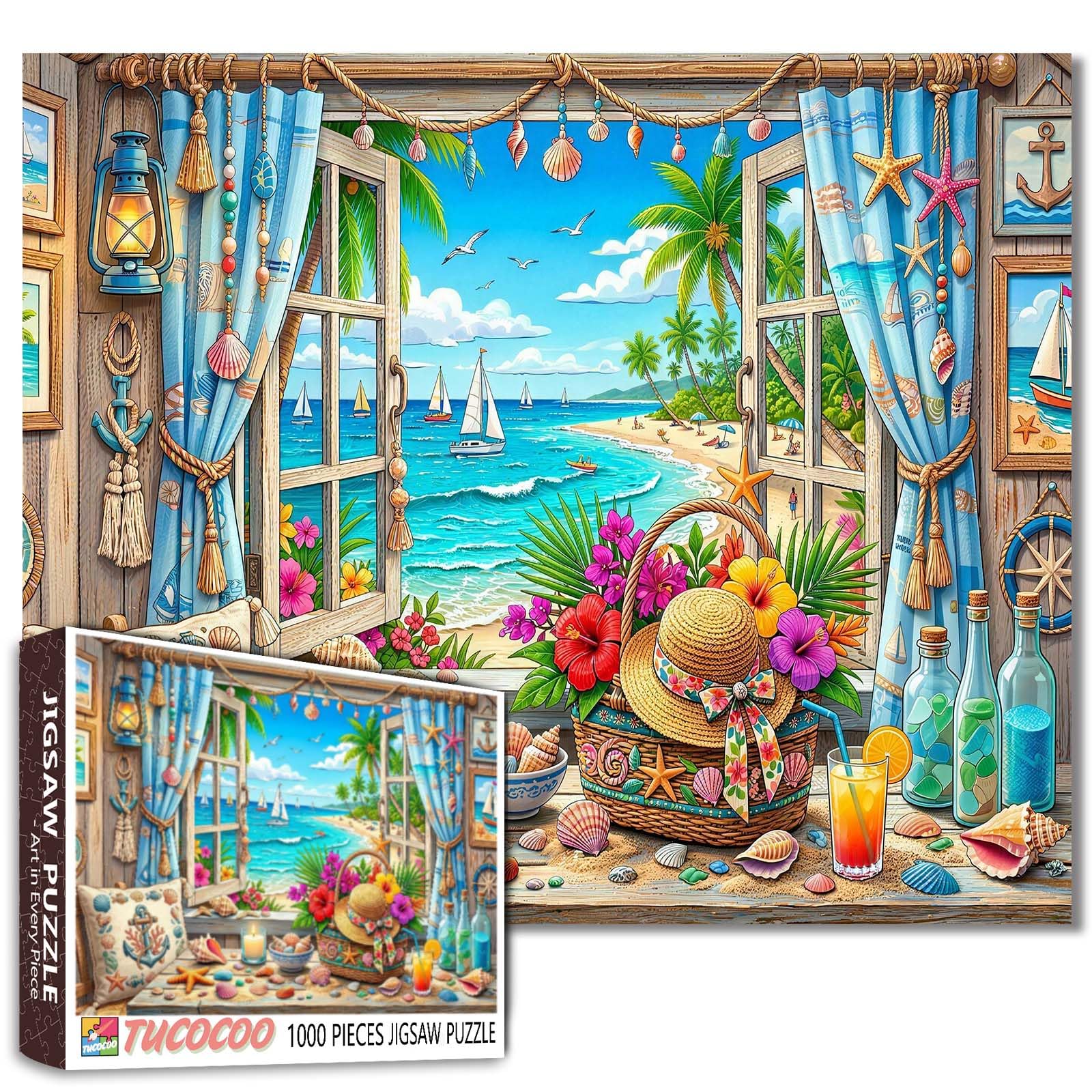 Coastal Beach Window Jigsaw Puzzle 1000 Piece for Adults Seashells Ocean Tropical Scene Puzzle Summer Seaside Landscape Artwork Colorful Relaxing Puzzles Stress Relief Leisure Gift Home Wall Decor