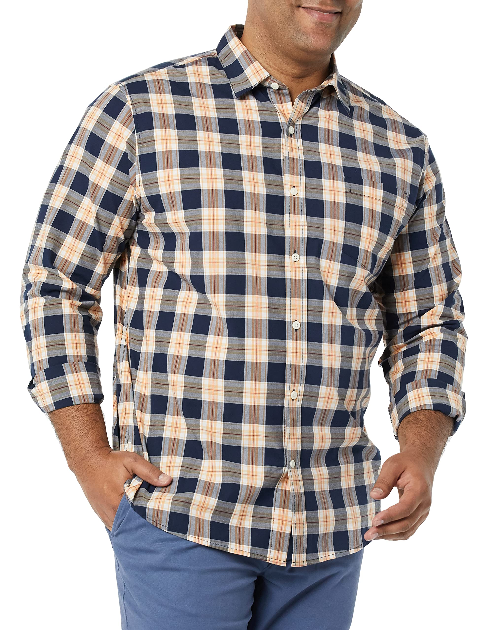 Amazon Essentials Camisa en Popelina Elástica de Manga Larga y Corte Regular Hombre, Azul Marino Melocotón Cuadros Escoceses, XXL