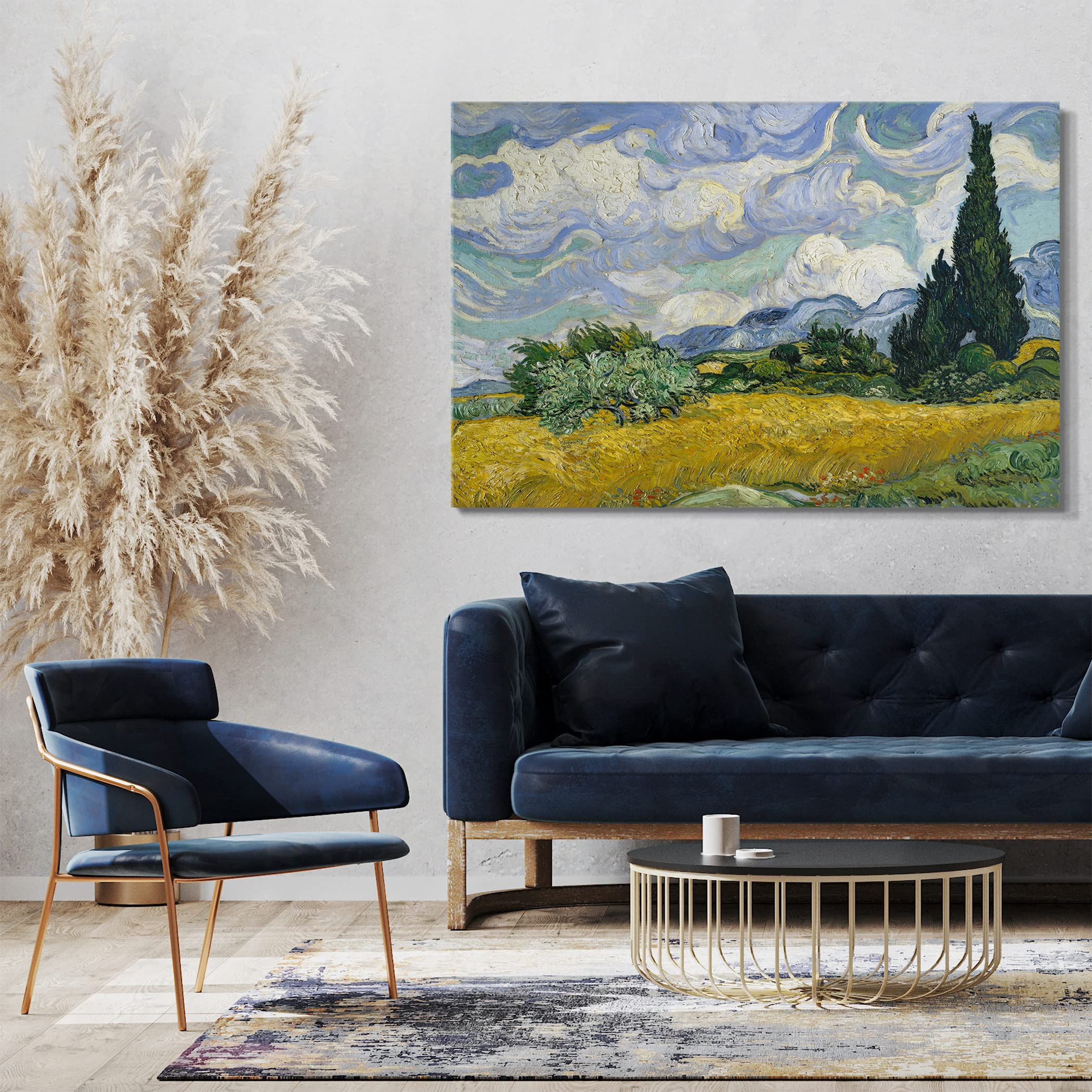 Printed Paintings Stampa su Tela con Telaio (120x80cm): Vincent Van Gogh - Campo di Grano con cipressi (1889) - Quadri Moderni