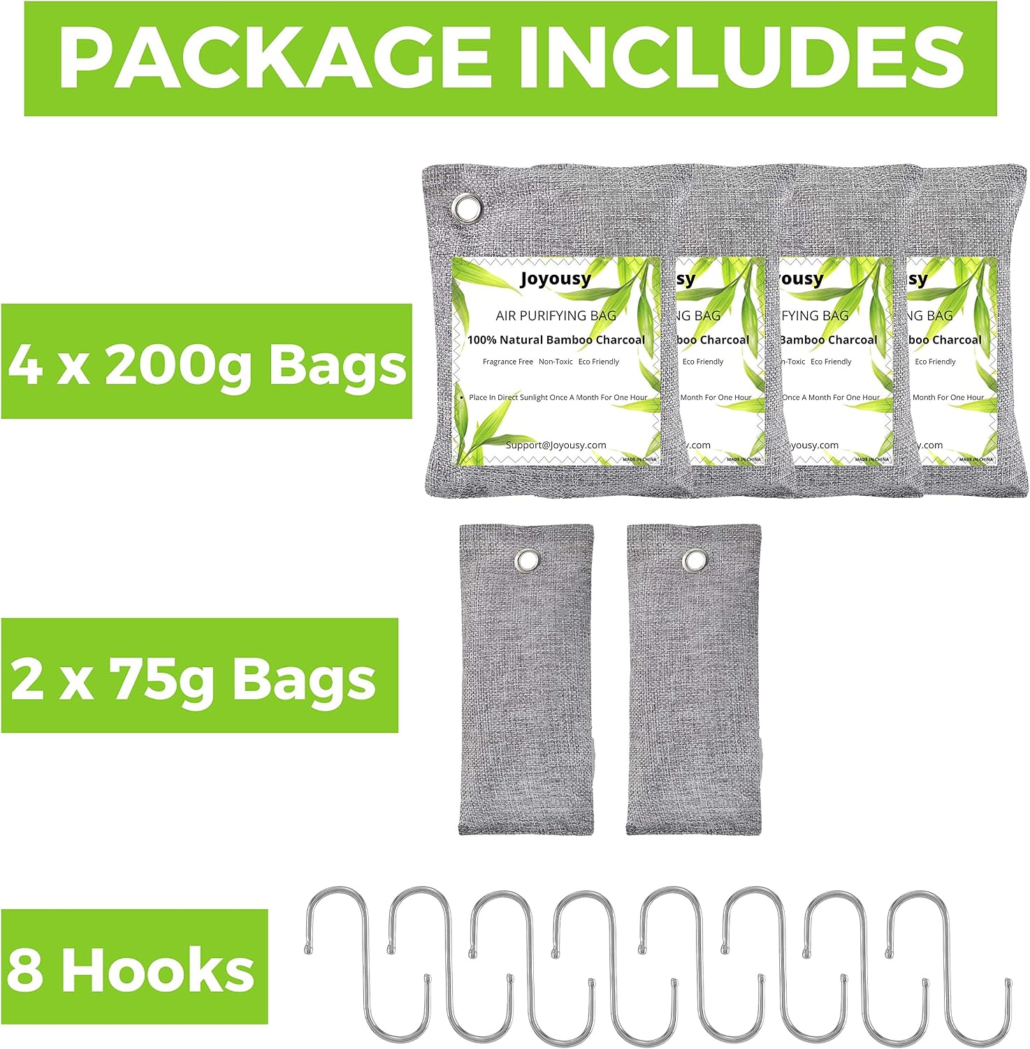 Bamboo Charcoal Air Purifying Bag (4 X 200g)(2 X 75g) Bundle with S Hooks (8 Items) for, Home, Pet, Closet, Basement, Shoes, Cars and more