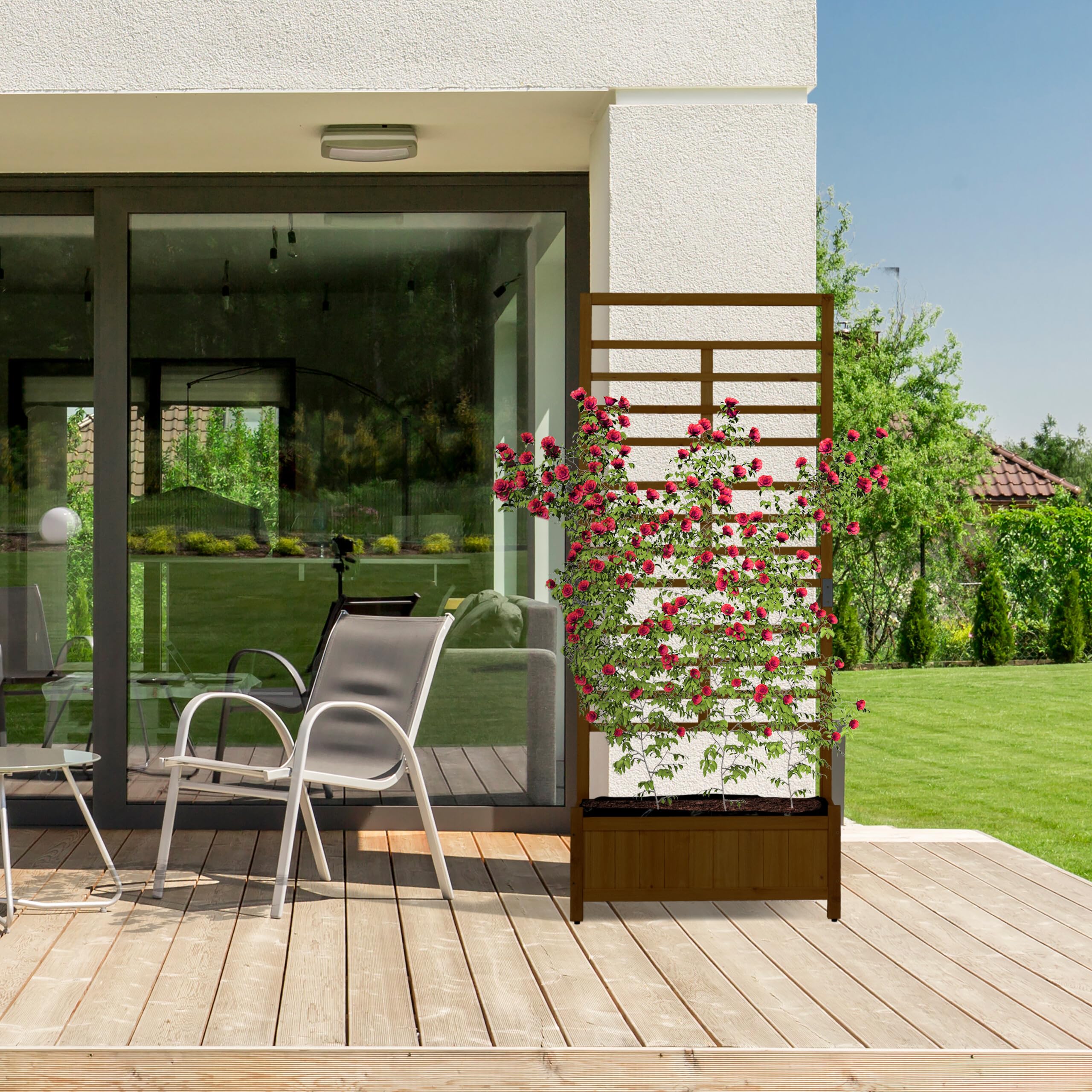 Relaxdays Jardinera con Enrejado, 171 x 71,5 x 32 cm, Macetero con Panel Enredaderas, Balcón y Jardín, Madera, Marrón