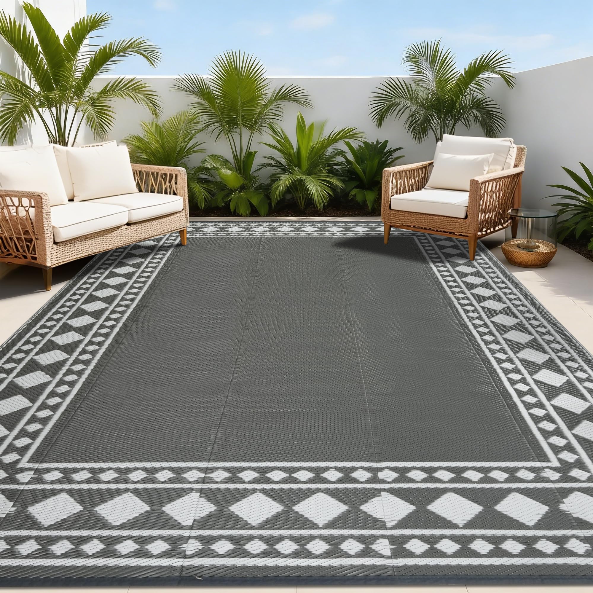Homcomodar Outdoor Teppich 180x270cm Reversible Matte Kunststoff Stroh Teppich UV-beständige Campingmatte Recycling für Patio Balkon Strand BBQ Picknick Deck