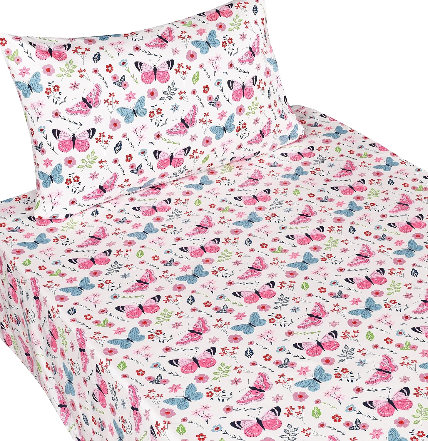Scientific Sleep Butterfly Pink Flower 100% Cotton Cozy Fun Twin Bed Sheet Set, Flat Sheet & Fitted Sheet & Pillowcase Kids Boys Girls Bedding Set (Pink Butterfly, Twin)
