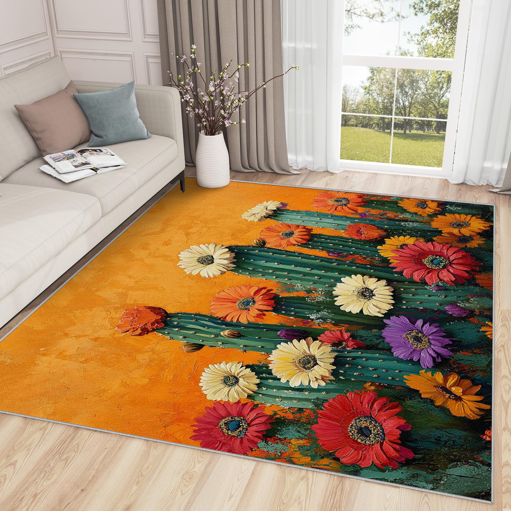 Aquailis Cactus Rug for Kitchen - Southwestern Rugs, 3x4 Rug, Boho Colorful Floral Area Rug, Tropical Plant Washable Non Slip Rugs, Orange Desert