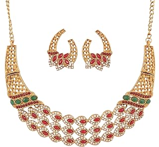 Indian Bollywood Traditional Craftsmanship Mughal Designer Jewelry Wedding Necklace Set in Antique Gold Or White Tone for Women.