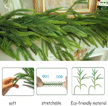 2 Pcs 6 Ft Christmas Garland Real Touch Norfolk Pine Garland Christmas Decorations Faux Realistic Winter Pine Garlands for Mantle, Table, Stairs, Doorframe, Fireplace Indoor Outdoor Holiday Xmas Decor