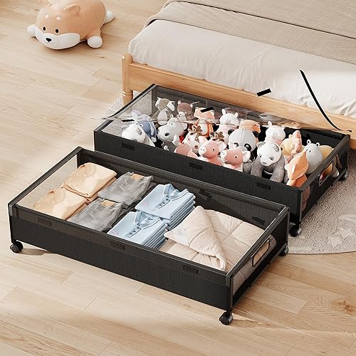 Miniatura 15 de KITHELP Almacenamiento debajo de la cama con ruedas, cajones de madera debajo de la cama, 2 paquetes, contenedores de almacenamiento rodantes debajo