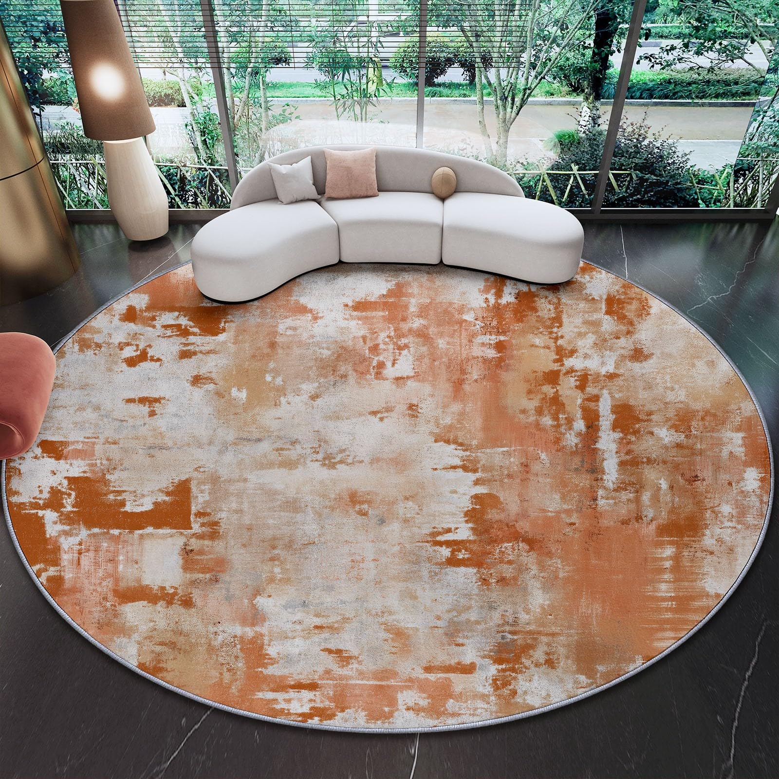 Round Rugs 60 cm (Round) For Living Room Circle Area Rugs With Industrial Retro Style Distressed Texture With Non Slip Backing Washable Rug For Bedroom Soft Printed Carpet For KidS Orange Color