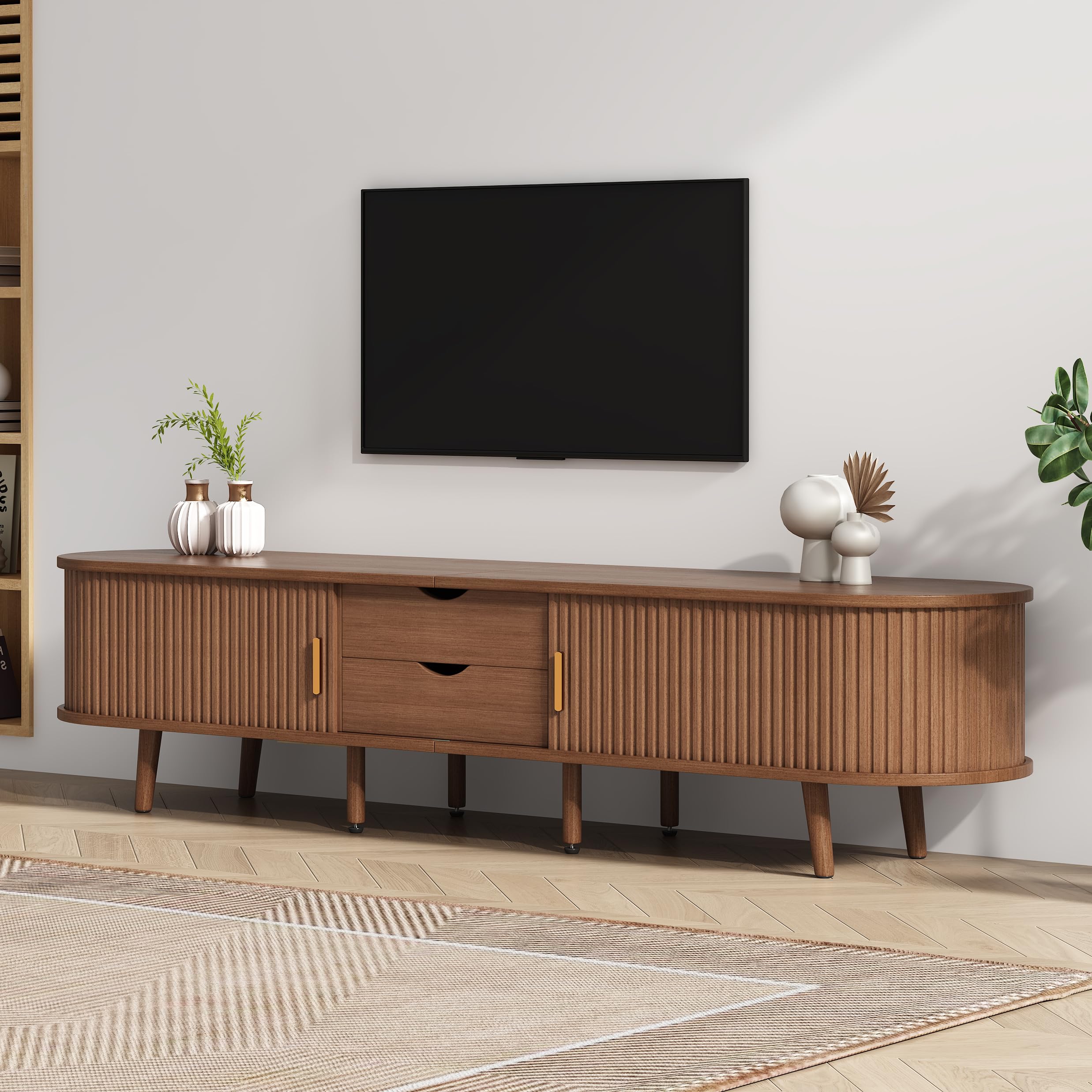 Armario de TV de salón con espacio de almacenamiento y tablero redondo de madera de densidad media con 2 cajones, apto para 175 x 40 x 42 cm