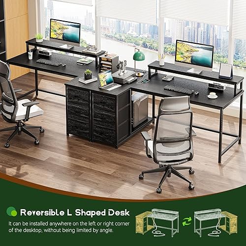 Miniatura 8 de EnHomee Escritorio para juegos en forma de L con luces LED y toma de corriente, escritorio de computadora de 40 pulgadas con cajones, escritorio