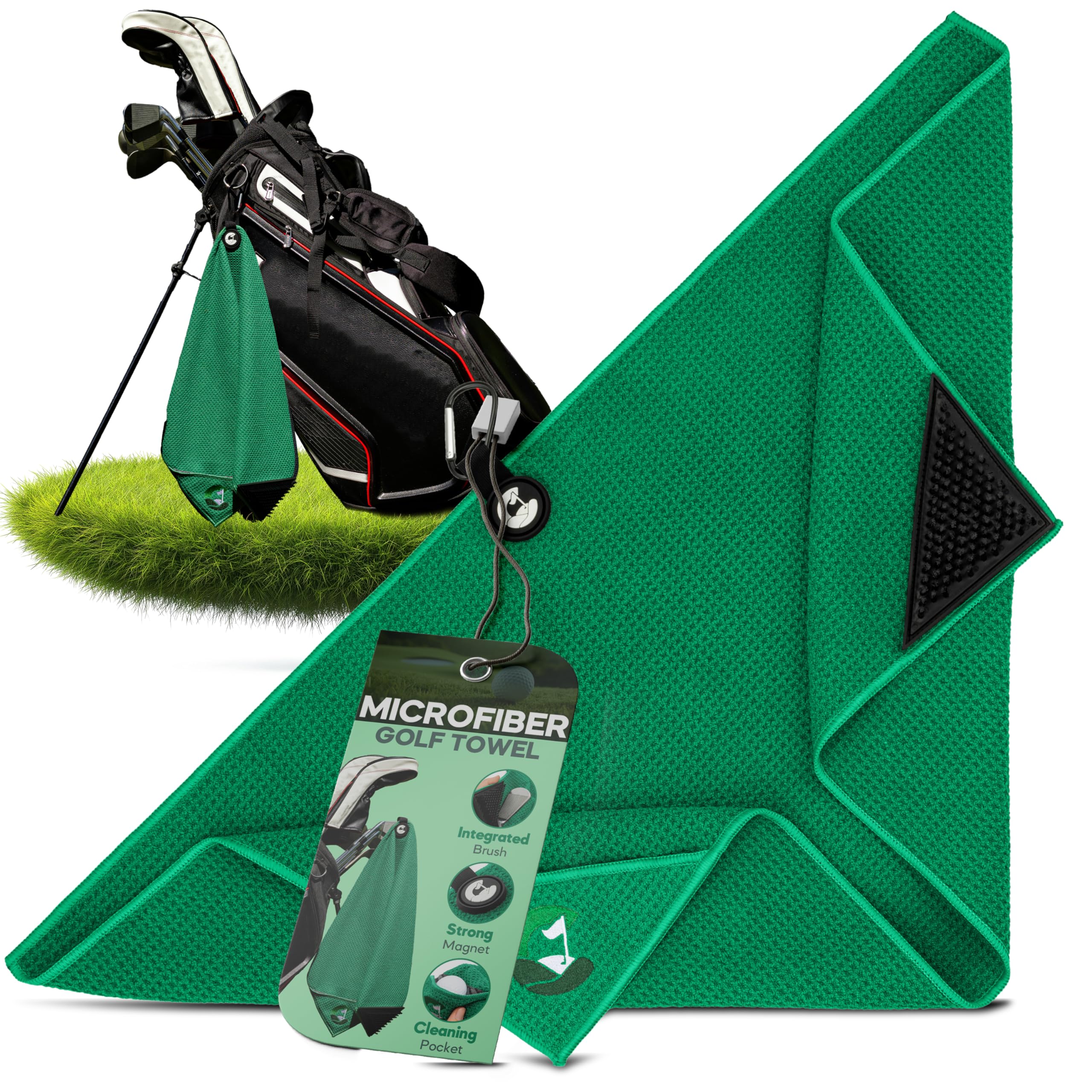 Caddie Up Microfibre Golf Towel with Integrated Brush, Golf Ball Cleaner Pouch Pocket, Strong Magnetic Attachment, and Carabiner Clip - Tour Black, Fairway Green or Storm Grey Towels (Fairway Green)