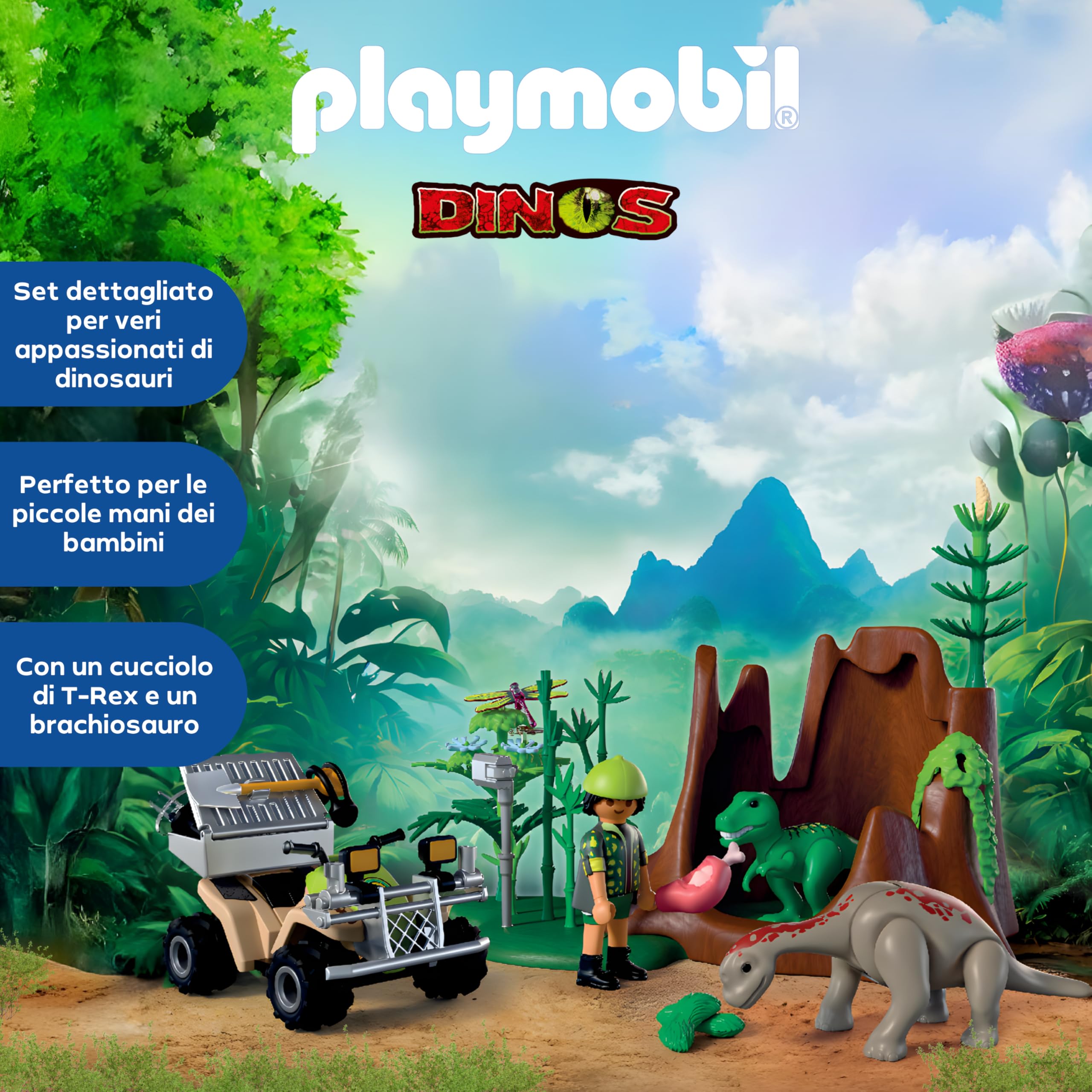 PLAYMOBIL | Dinos | Dinosauri Hideout | Dino Explorer con Quad, Baby T-Rex e Baby Brachiosaurus | Giocattolo per bambini dai 4 anni in su | 72069