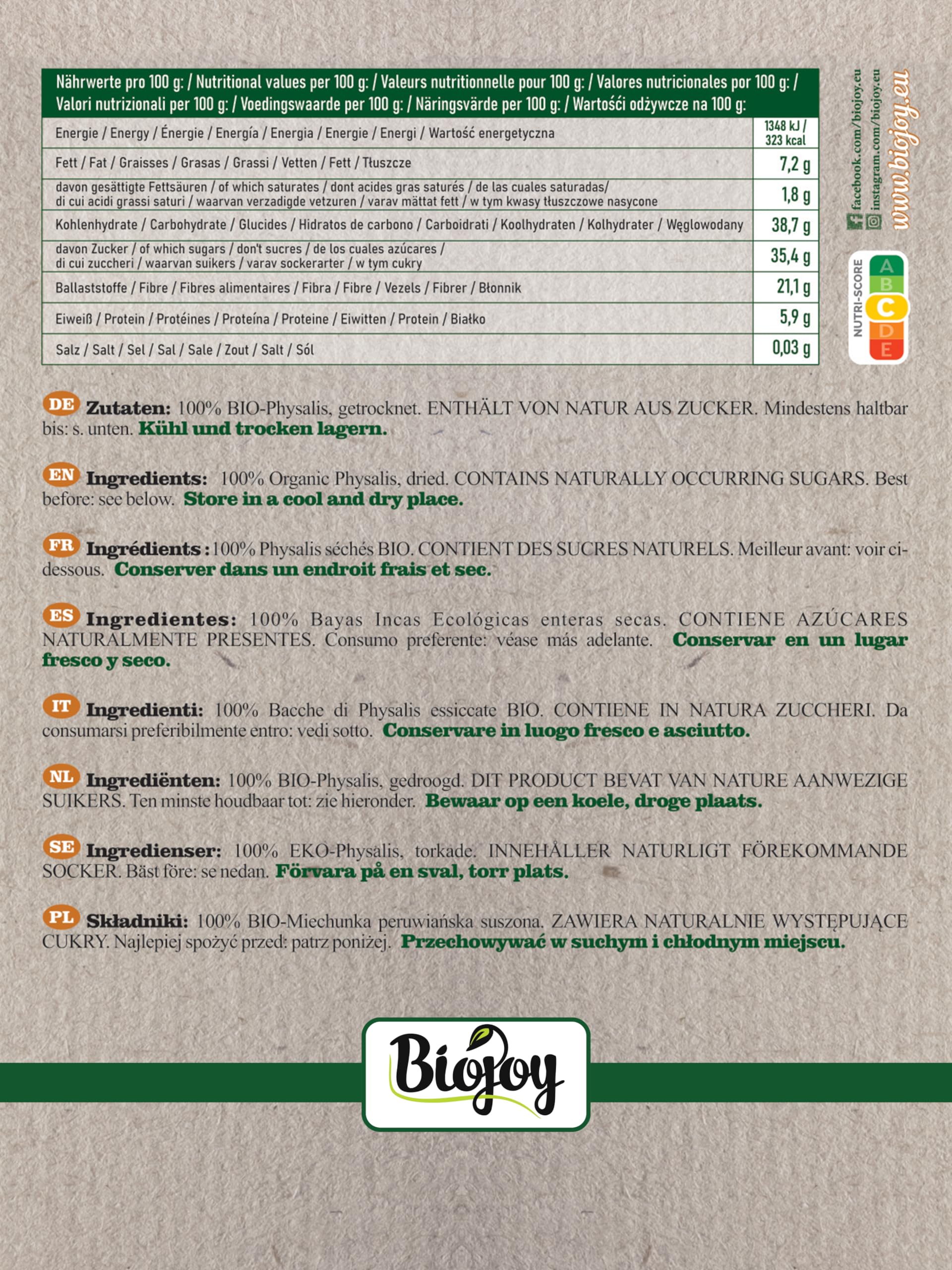 Biojoy Bacche di Inca BIO essiccate (1 kg), Physalis senza zucchero aggiuntо e senza zolfo