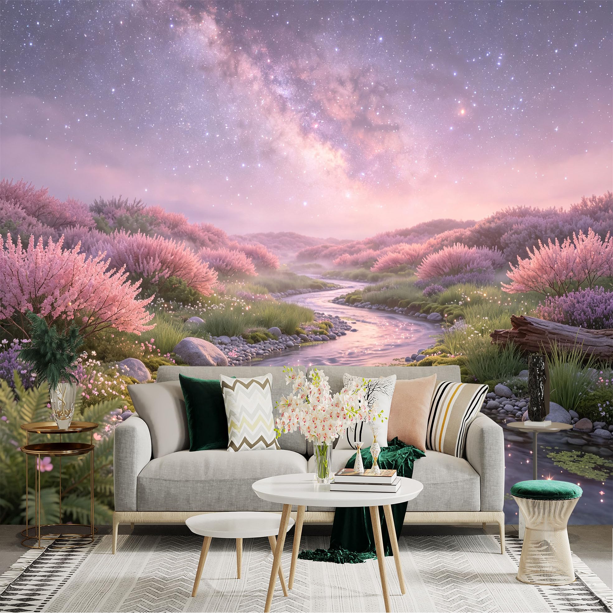 Lnzczhyre Bh260719140 Custom Size Wall Sticker Mural， Dreamy Pink Cherry Blossom Valley， Serene River Flow， Milky Way Starry Night Sky， For Wall Decoration， Peelandstick Wall Decals.