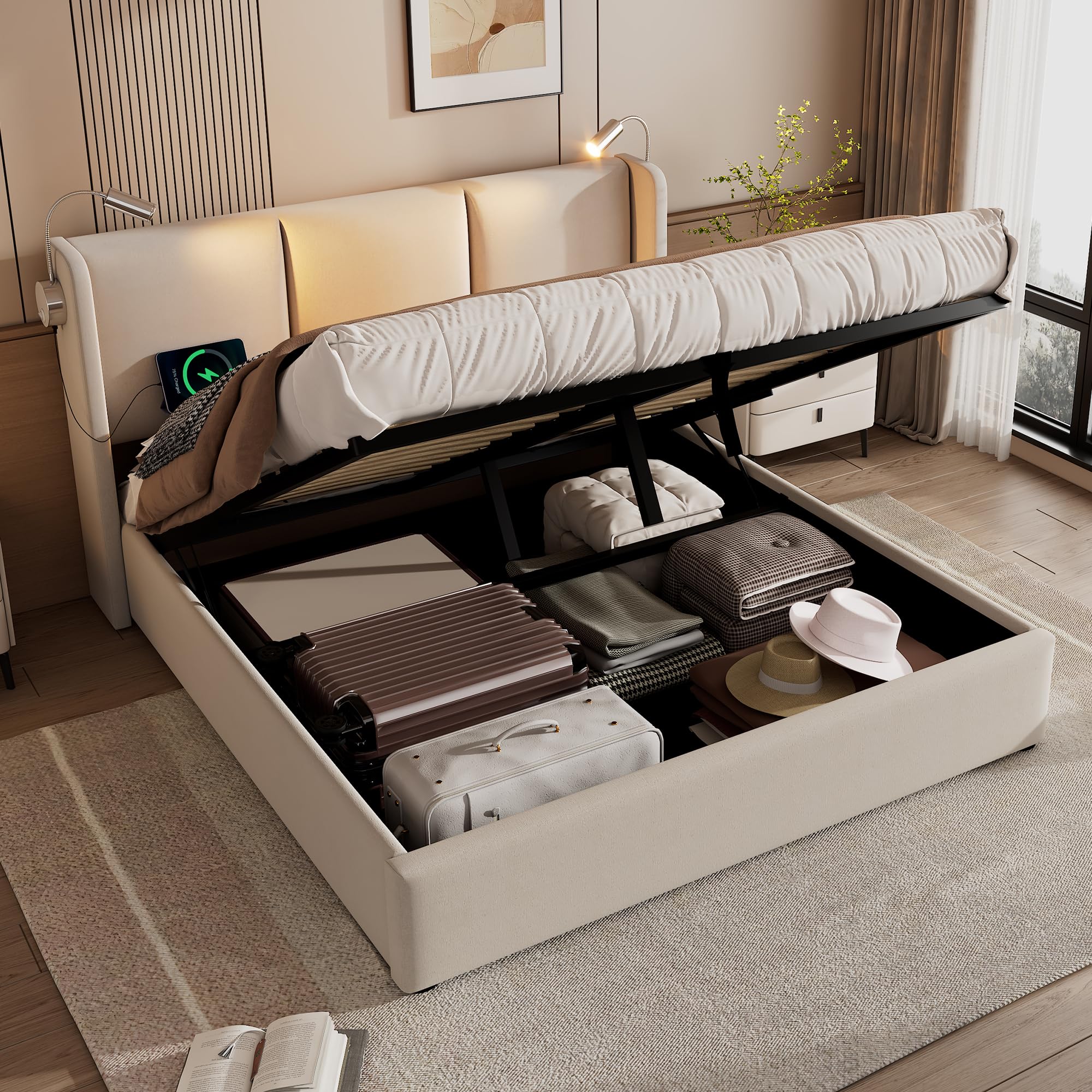 Letto matrimoniale imbottito in tessuto di lino, contenitore idraulico, 180