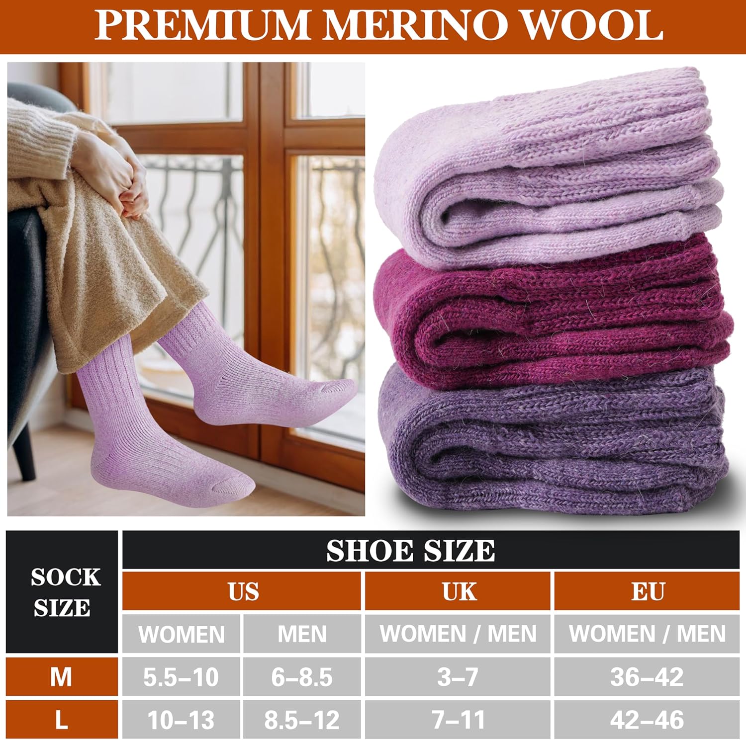Merino Wool Boot Socks Thermal Winter Warm Thick Cozy Hiking Socks for Men Women 3 Pairs - Image 5