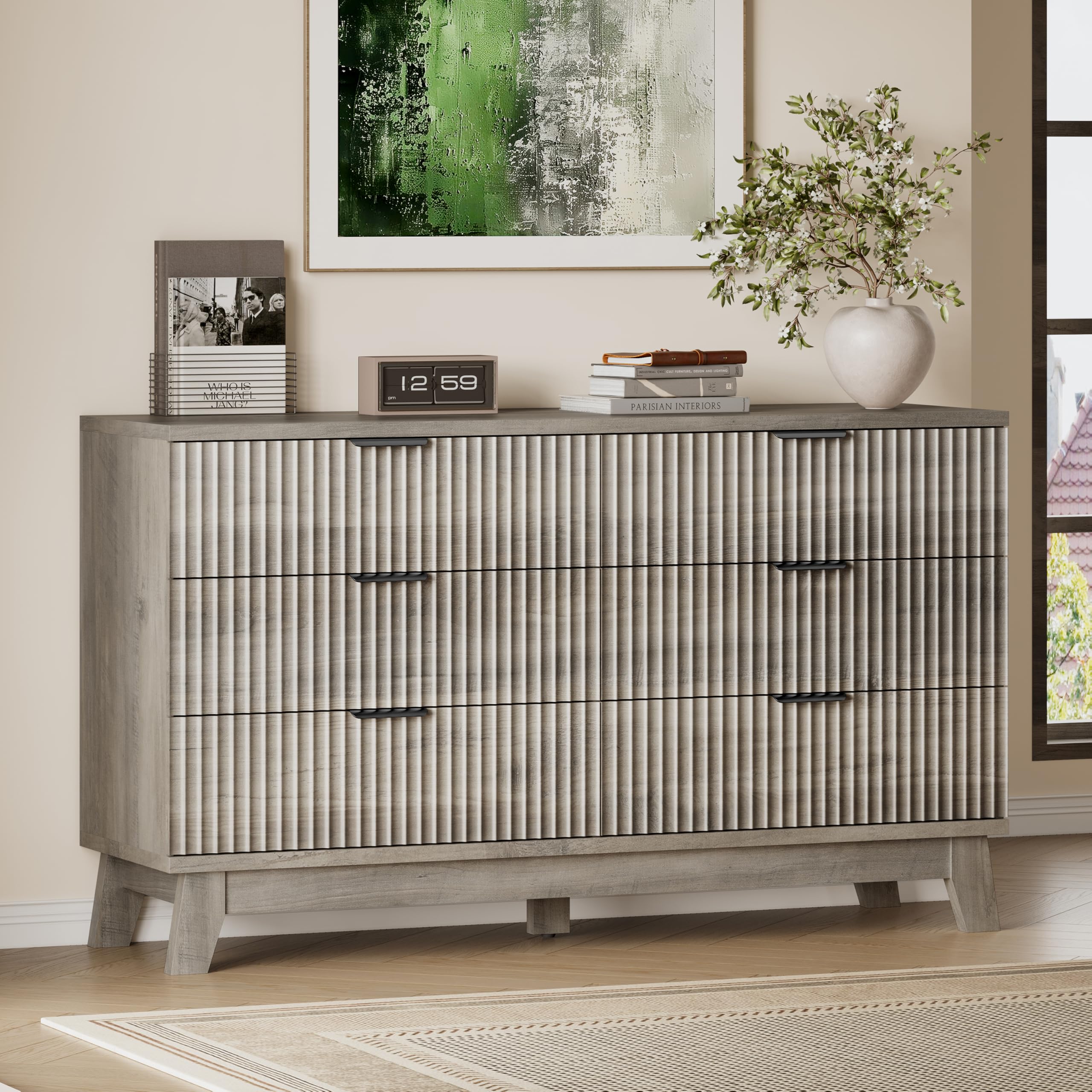 BORNOON 53" Long Dresser for Bedroom, 6-Drawer Dresser with Fluted Fronts, Wide Wood Chest of Drawers, Smooth Metal Slides, Stable Base, Modern Clothes Storage Cabinet for Living Room, Hallway