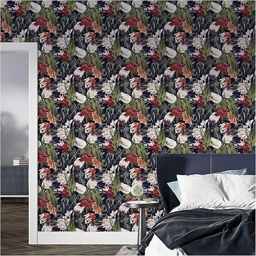 Miniatura 6 de UniGoos Papel tapiz floral rojo para despegar y pegar, fondo azul oscuro, papel de contacto de flor de palma, vinilo autoadhesivo vintage, rollo de