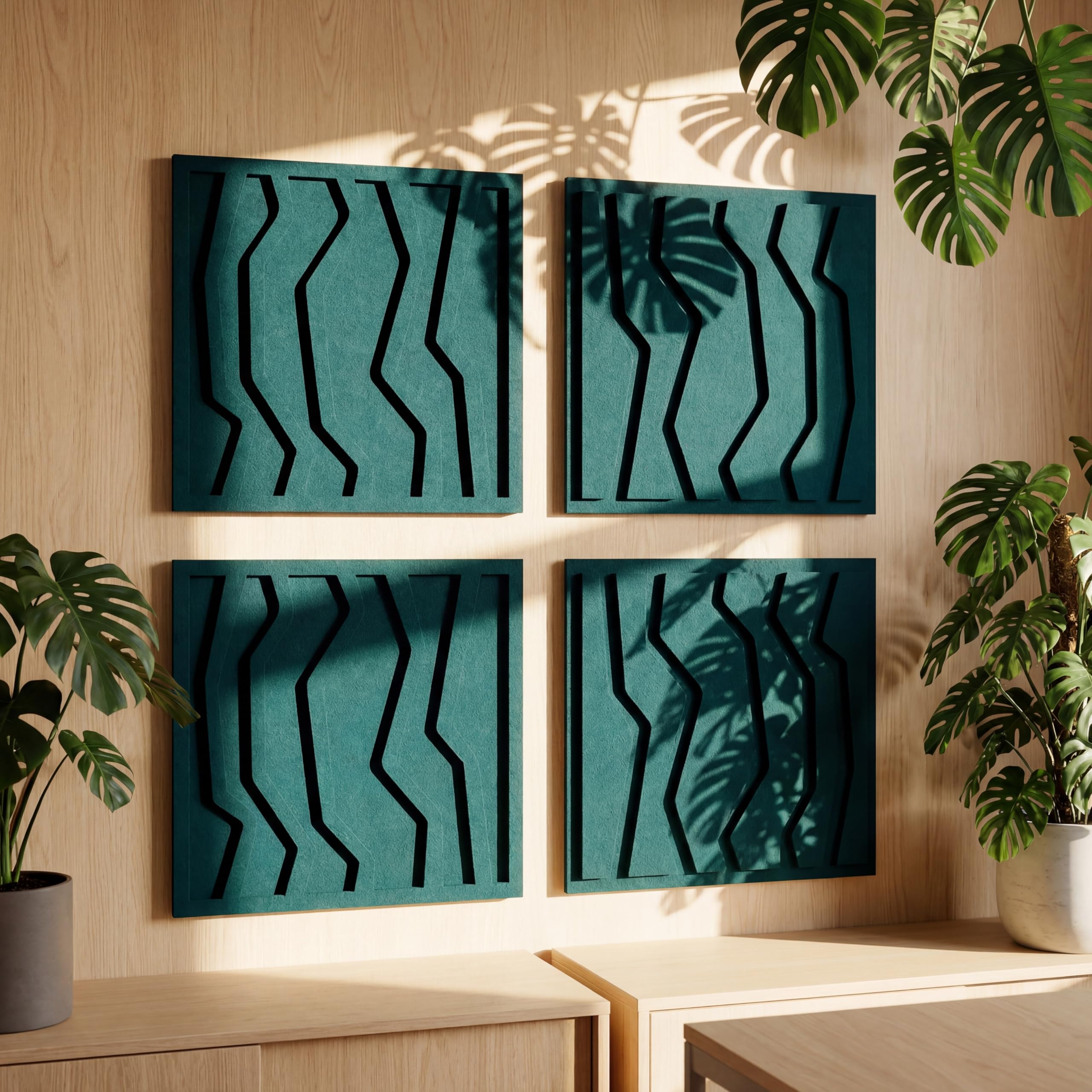 Pannelli acustici in feltro PET, set da 4 (totale 2 pezzi: 80 x 80), fonoassorbenti e decorativi, facile da parete con sistema a cunei (set da 4 pezzi, 40 x 40 cm, verde smeraldo)