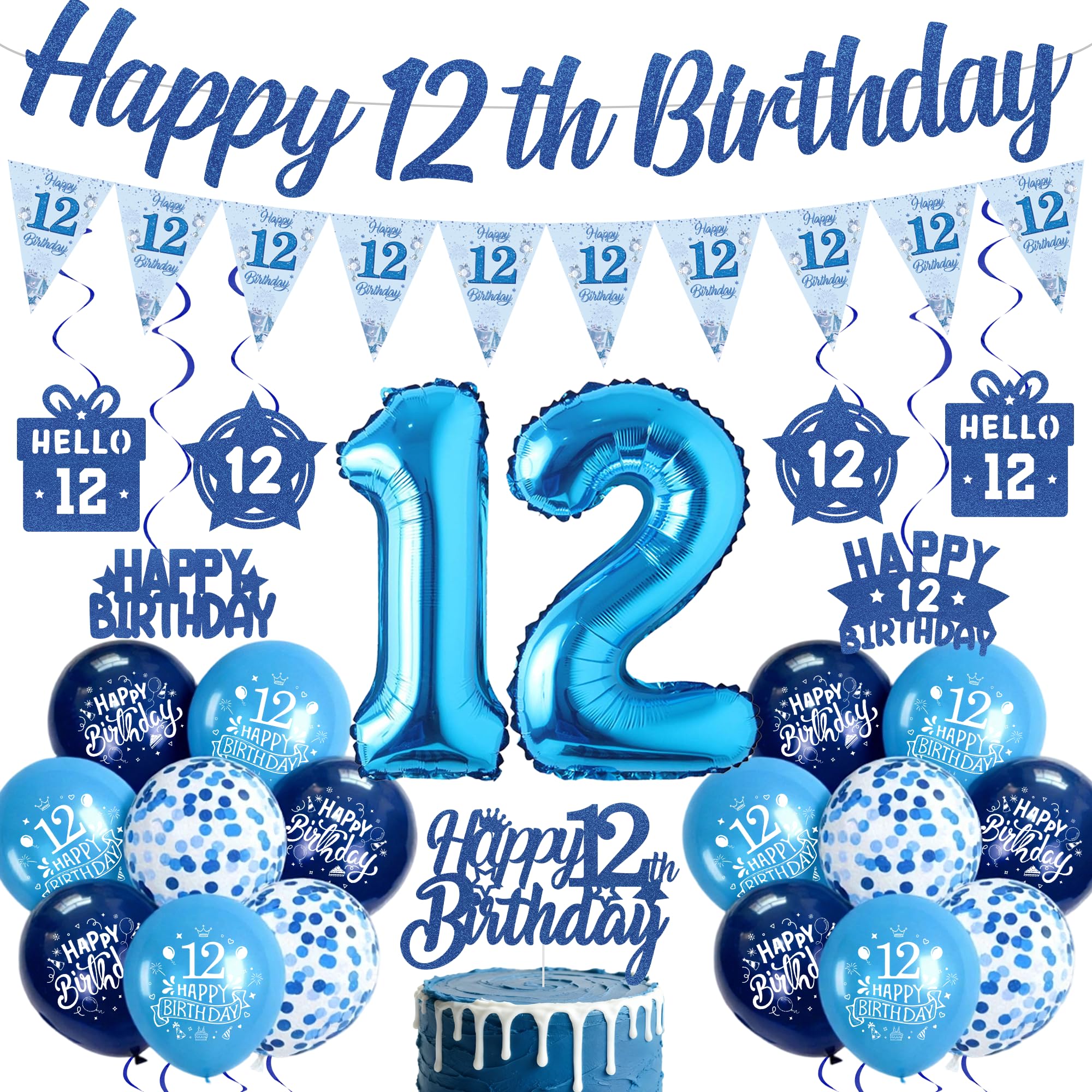 12th Birthday Decorations for Boys, Blue 12 Years Old Party Supplies
