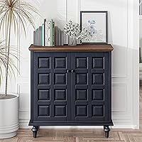Aoikax Retro 2-Door Plaid Pattern Storage Cabinet, Dark Blue Pine Wood Vintage Side Table, 2 Shelves for Bedroom Living Room - 31"W Organized Storage
