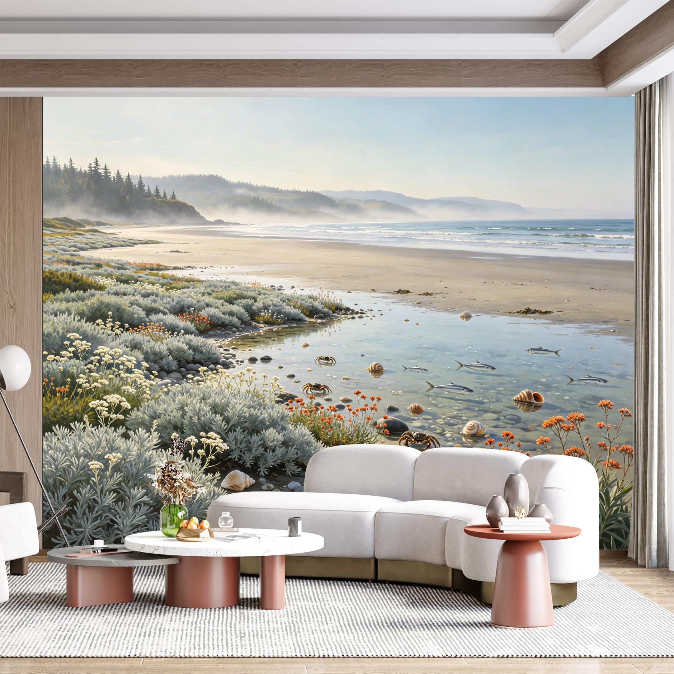 Custom Size Wall Mural Coastal Seascape Ocean Marine Life Watercolor Landscape SelfAdhesive Wall Fabric Removable for Home Office Decor
