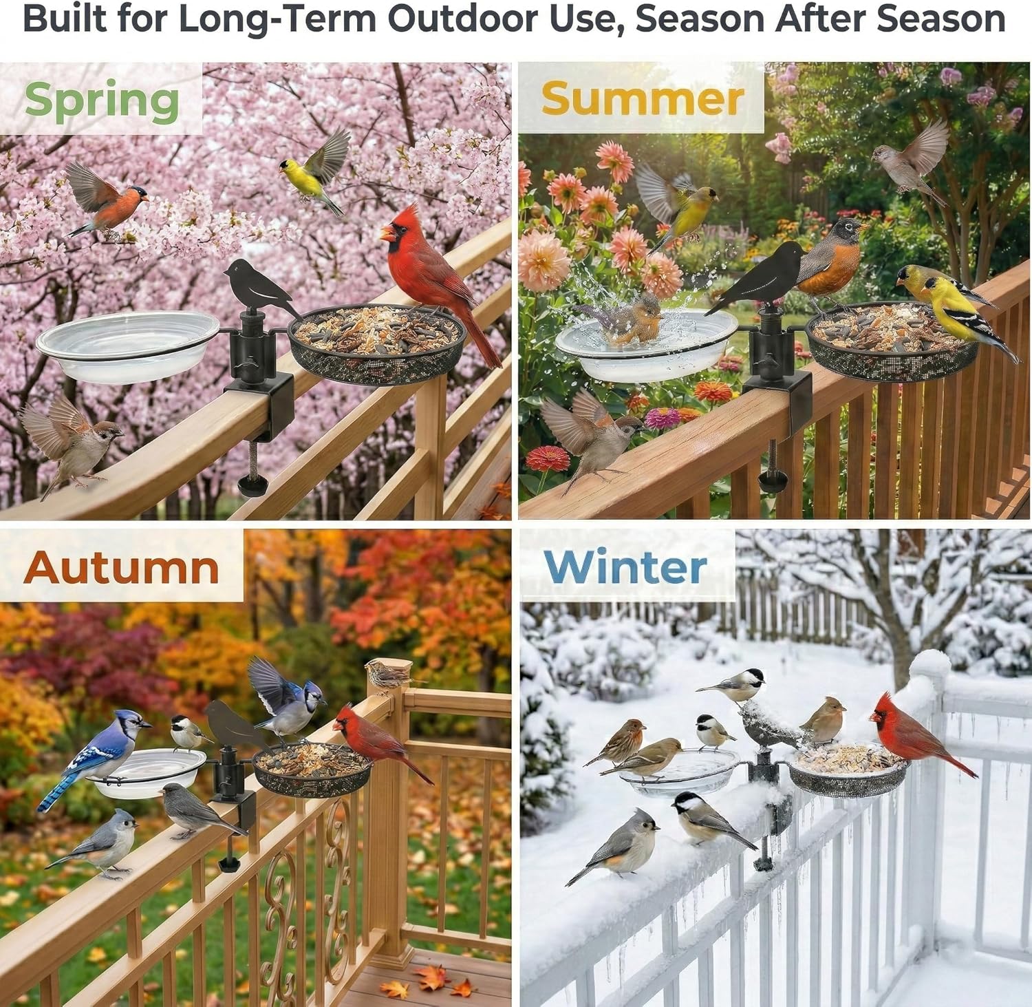 Deck Bird Feeder for Balcony Railing, No-Drill Adjustable Clamp Mount, Heavy-Duty Metal Mesh Platform Tray, Windproof Removable Water Bowl Bird Bath, Feeding Station for Wild Birds with Cleaning Brush