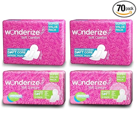 Wonderize Soft Comfort XL Sanitary Napkins for women(30 Pads) + Soft Comfort Regular Size Sanitary Napkins (40 Pads) - Super Saver Pack