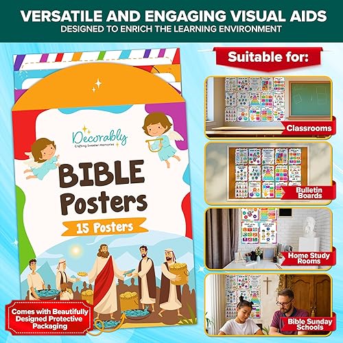 Miniatura 5 de Decorably 15 vibrantes pósteres bíblicos para el aula de niños, educativos, decoración laminada mate de 11 x 14 pulgadas, para la escuela, pasillos,