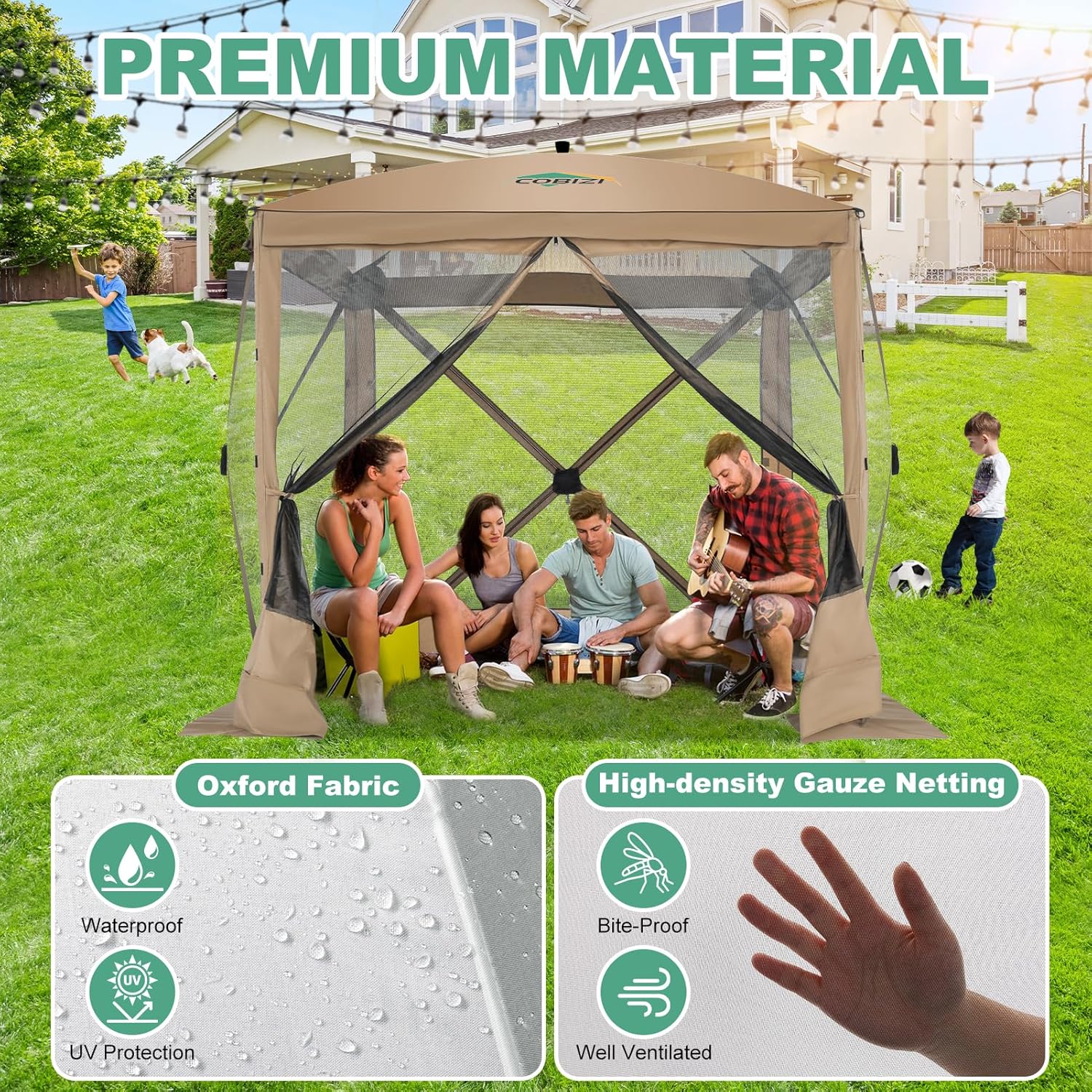 Close-up images of the Oxford Fabric showing waterproof properties and High-density Gauze Netting showing bite-proof and well-ventilated features.