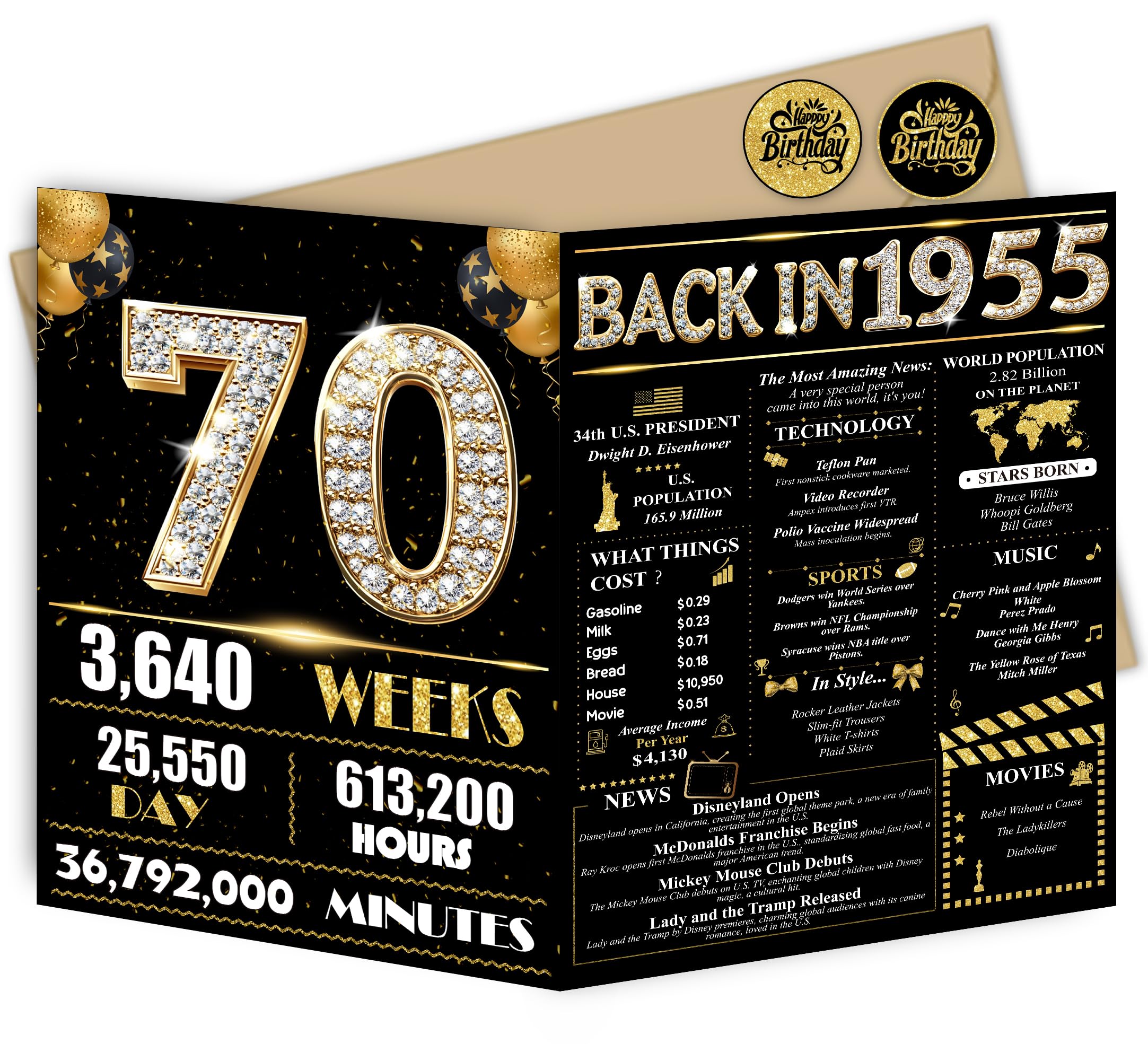 Jumbo 70th Birthday Card for Women Men, Happy 70th Birthday Party Decorations for Her Him, Black Gold 70 Year Old Birthday Card, Double-Sided with Two