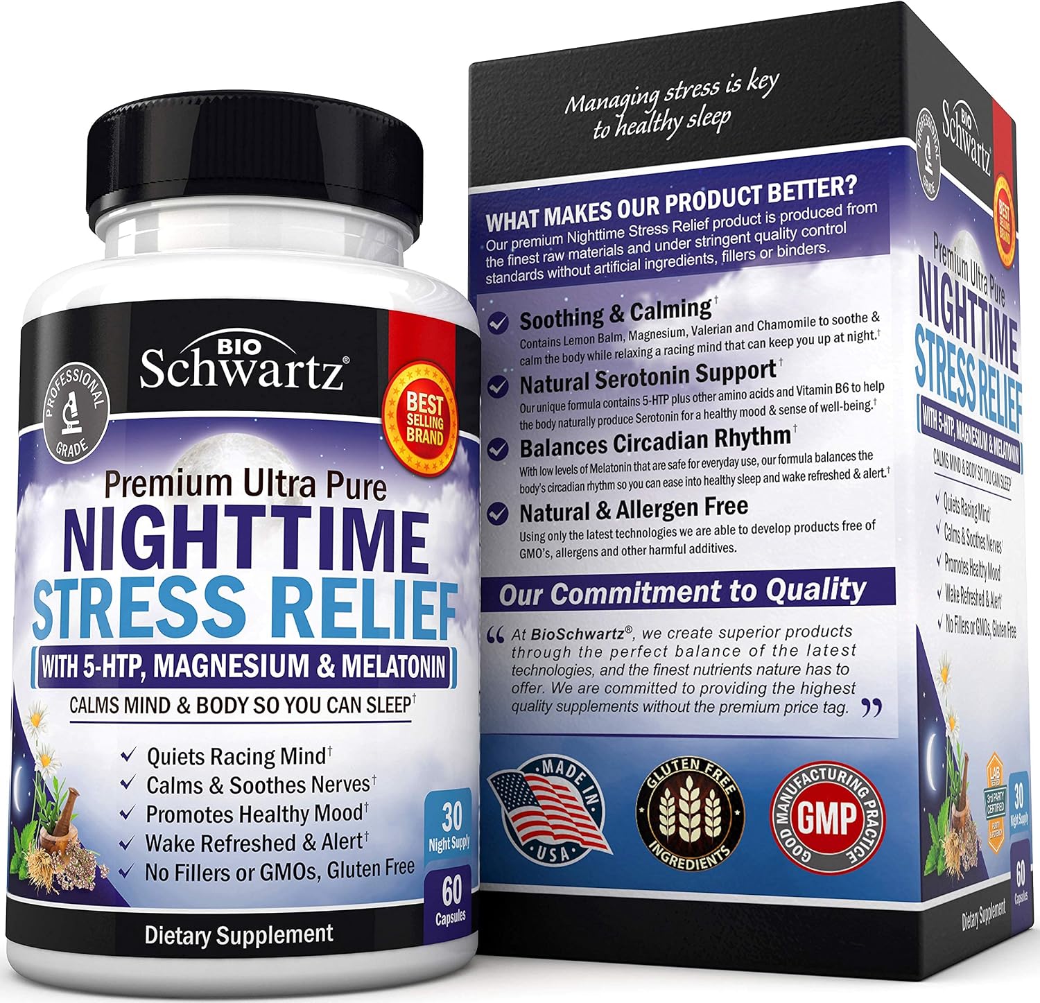 BioSchwartz Nighttime Rest Relief Supplement - Natural Nighttime Supplement with Melatonin 5-HTP Magnesium Valerian Root & Lemon Balm to Soothe & Calm - Wake Refreshed & Alert - 60 Capsules