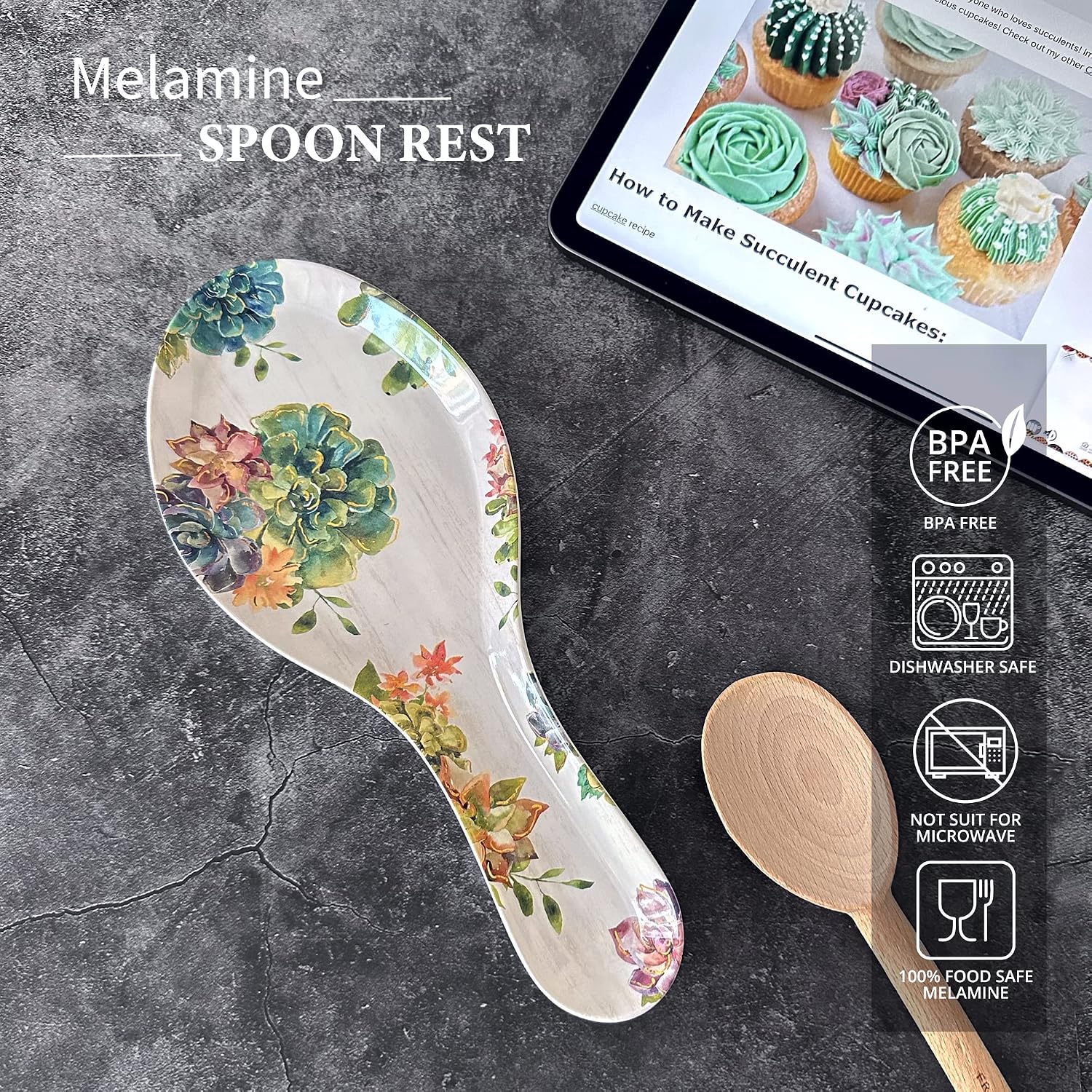 UPware Succulent Melamine Spoon Rest, Cooking Spoon Holder for Stove Top, Kitchen Counter, and Dining Table, 9.625 Inch, Multicolor image 4